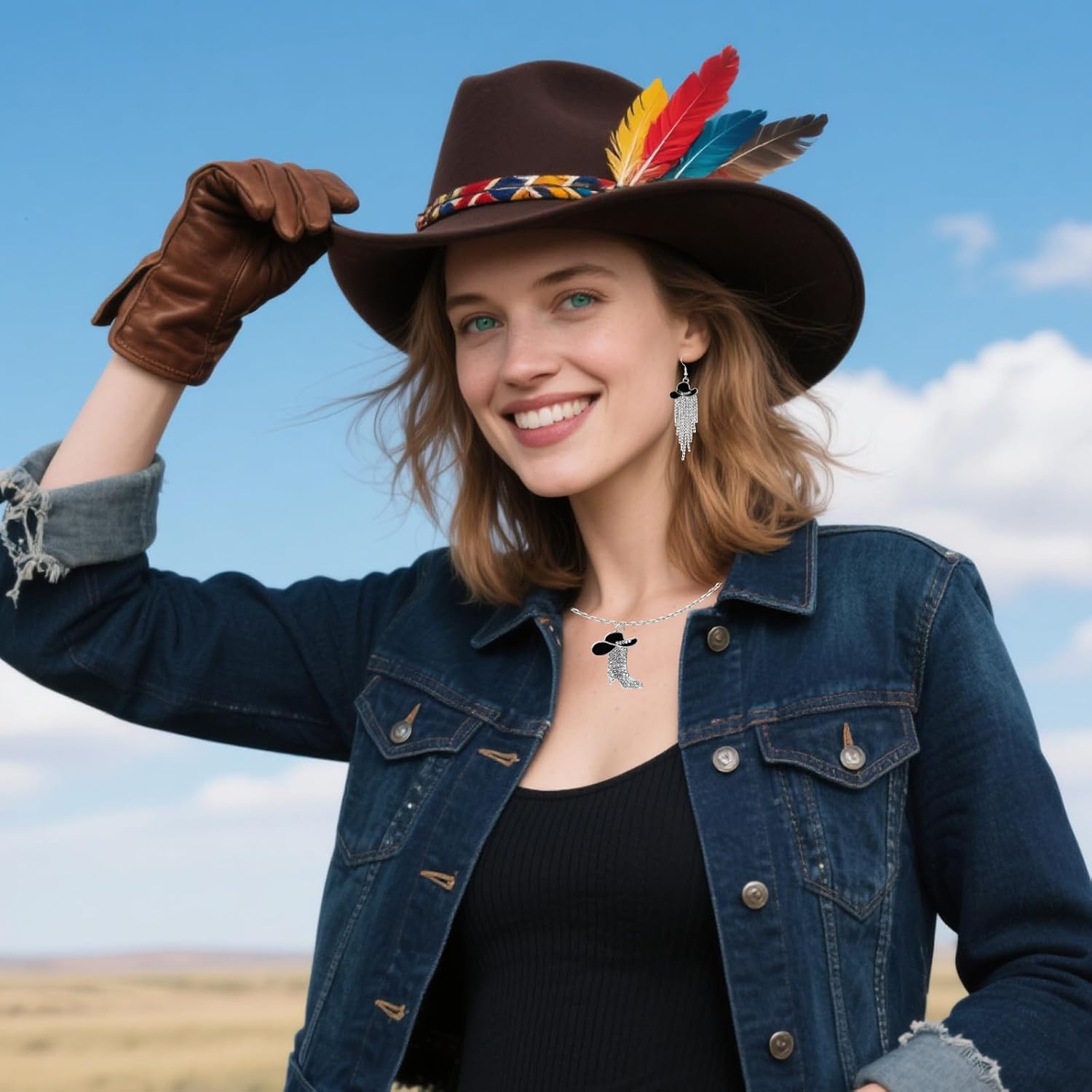 Western Jewelry for Women,Sparkly Rhinestone Cowgirl Accessories for Women Includ White Cowgirl Hat Pendant Necklace Set White Cowboy Boot Earrings with Wild West Country Rustic Style - Image 7