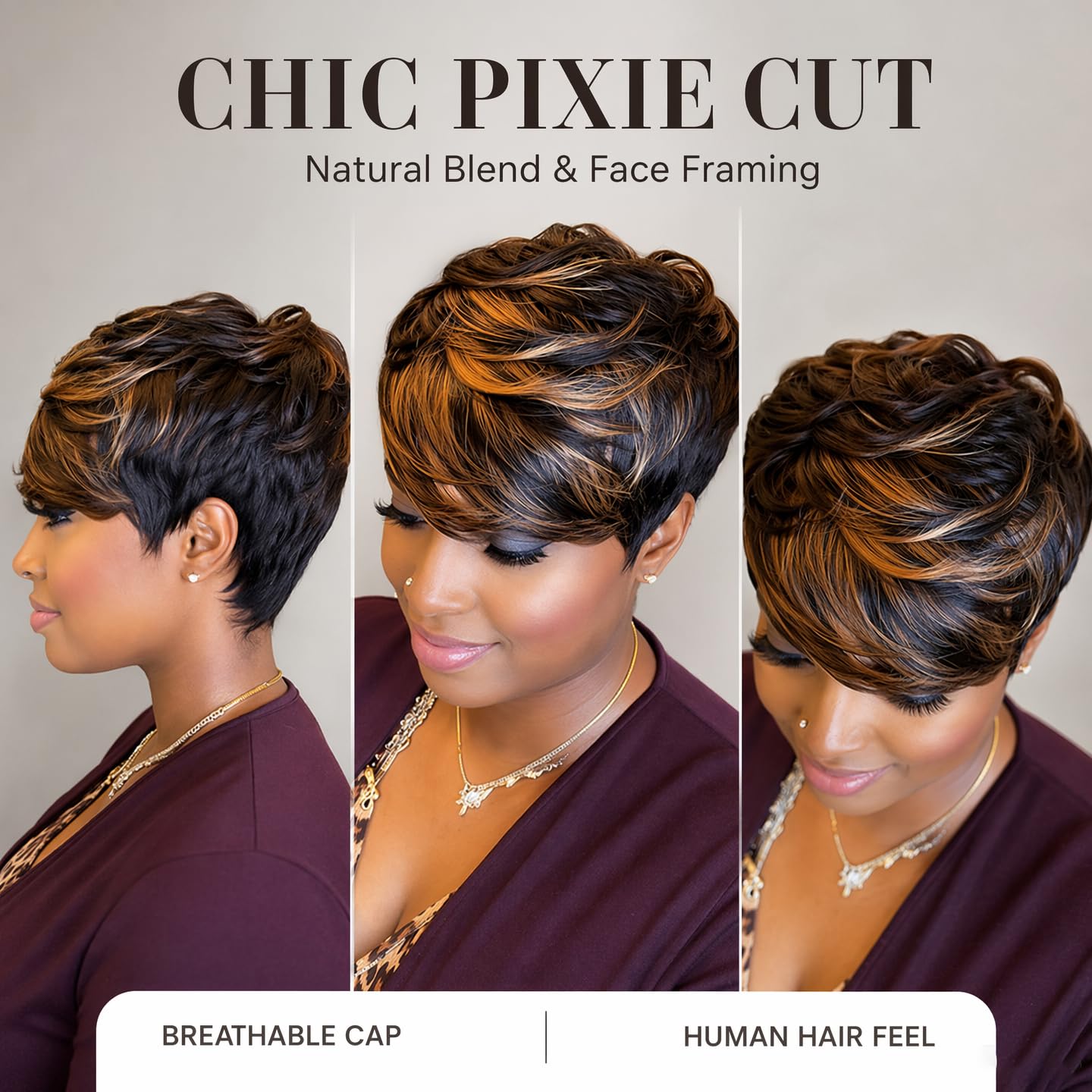 Pixie Cut Wig Human Hair Short Pixie Cut Wigs for Black Women Human Hair Highlight Brown Short Straight Wigs Glueless Pixie Wig Natural Looking for Daily Wear