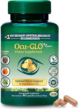 Ocu-GLO Vegan Capsules - Vision Supplement for Dogs & Mature Cats - Formulated with Lutein, Algae Based Omega-3 Fatty Acids, Grape Seed Extract & Antioxidants to Promote Eye Health - 90 ct