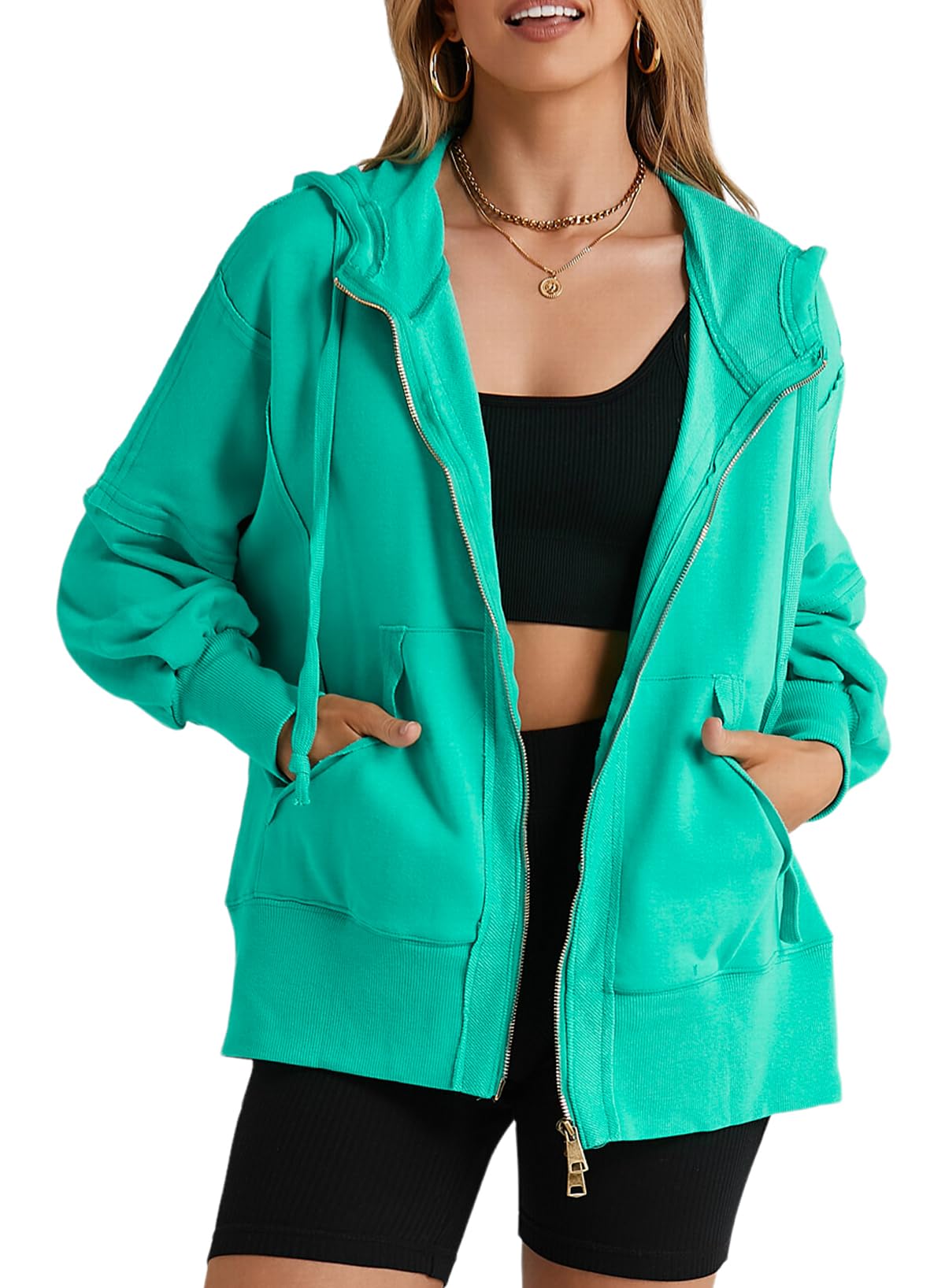 Damskie czarne bluzy oversize bawełniane lekkie zapinane na zamek bluzy z kieszenią na co dzień sweter z długim rękawem luźna lekka kurtka dla nastolatków Y2K ubrania S