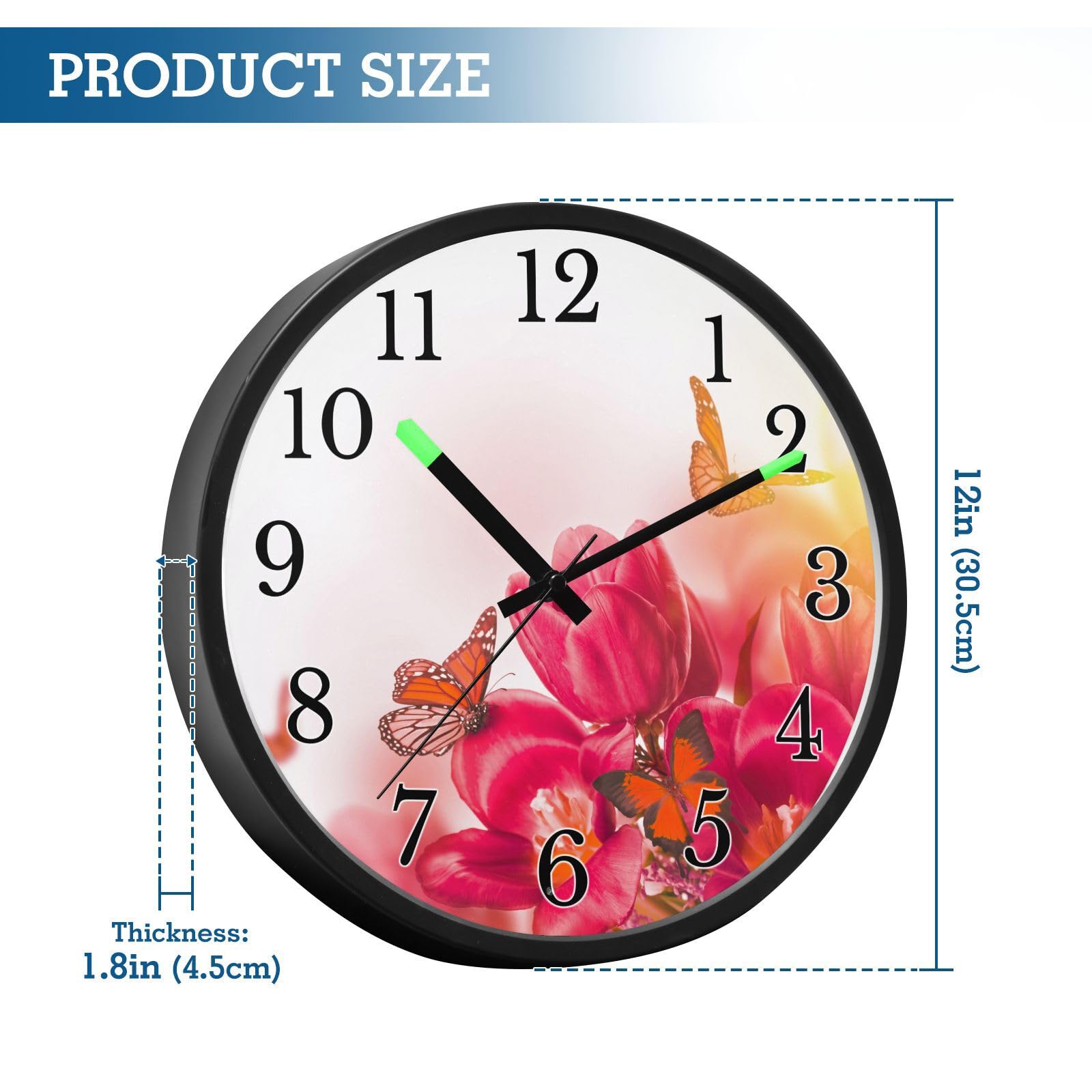 Mnsruu Reloj de pared luminoso con diseño de mariposa roja y rosas, reloj de pared que brilla en la oscuridad, funciona con pilas, reloj de luz nocturna silencioso sin tictac para dormitorio