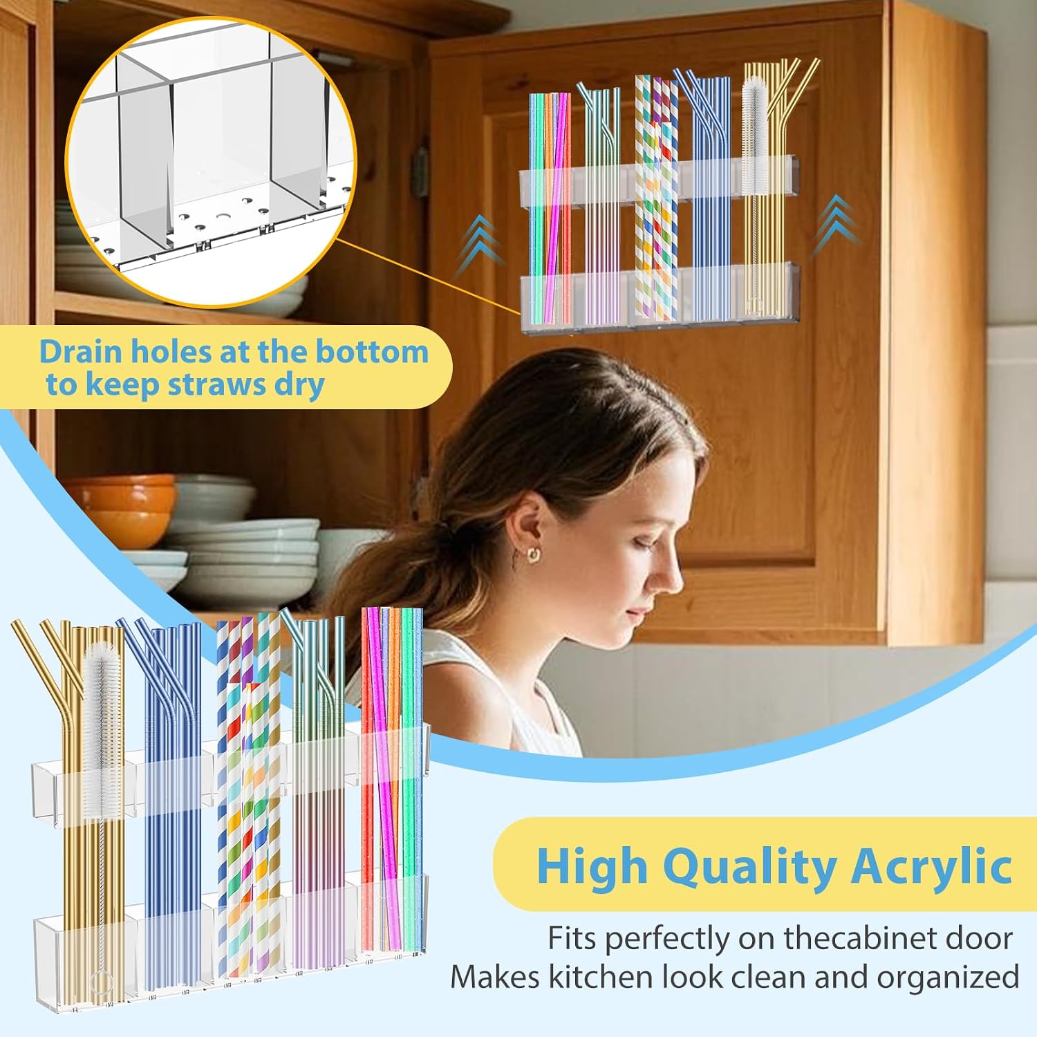 Straw Holder for Cabinet Door - 9.5” Large Acrylic Straw Organizer with Strong Adhesive Tape Tumbler Straws Storage Container for Cupboard Drinking Straws Dispenser for Kitchen Counter (Transparent) image 2