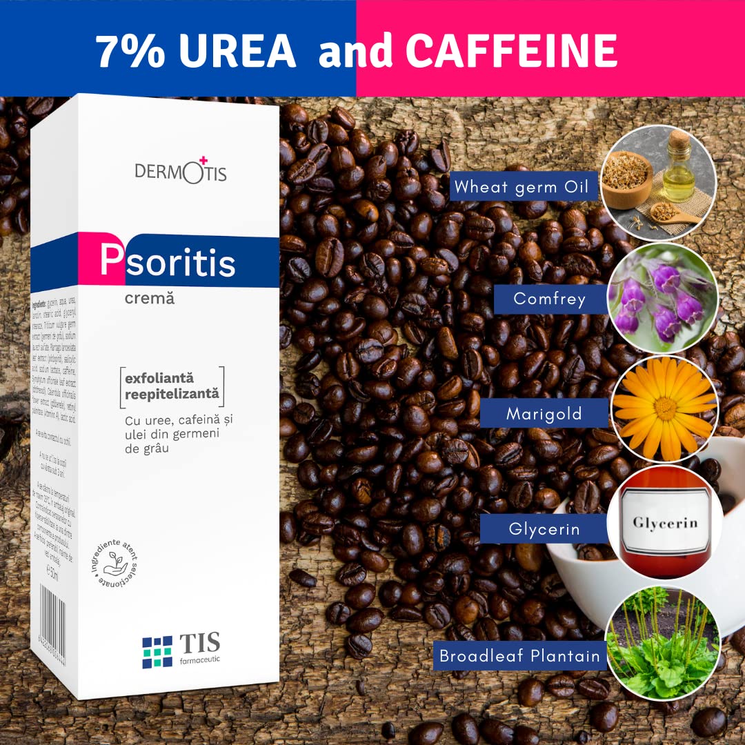 TIS Crema Urea 7%, per Eczemi, Pelle sogeto a Psoriasi, Cheratosi - Guarigione Delle Ferite - Pelle Secca, Screpolata e Ruvida - Mani, Piedi, Unghie, Gomiti, Ginocchia - Caffeina, Vit A