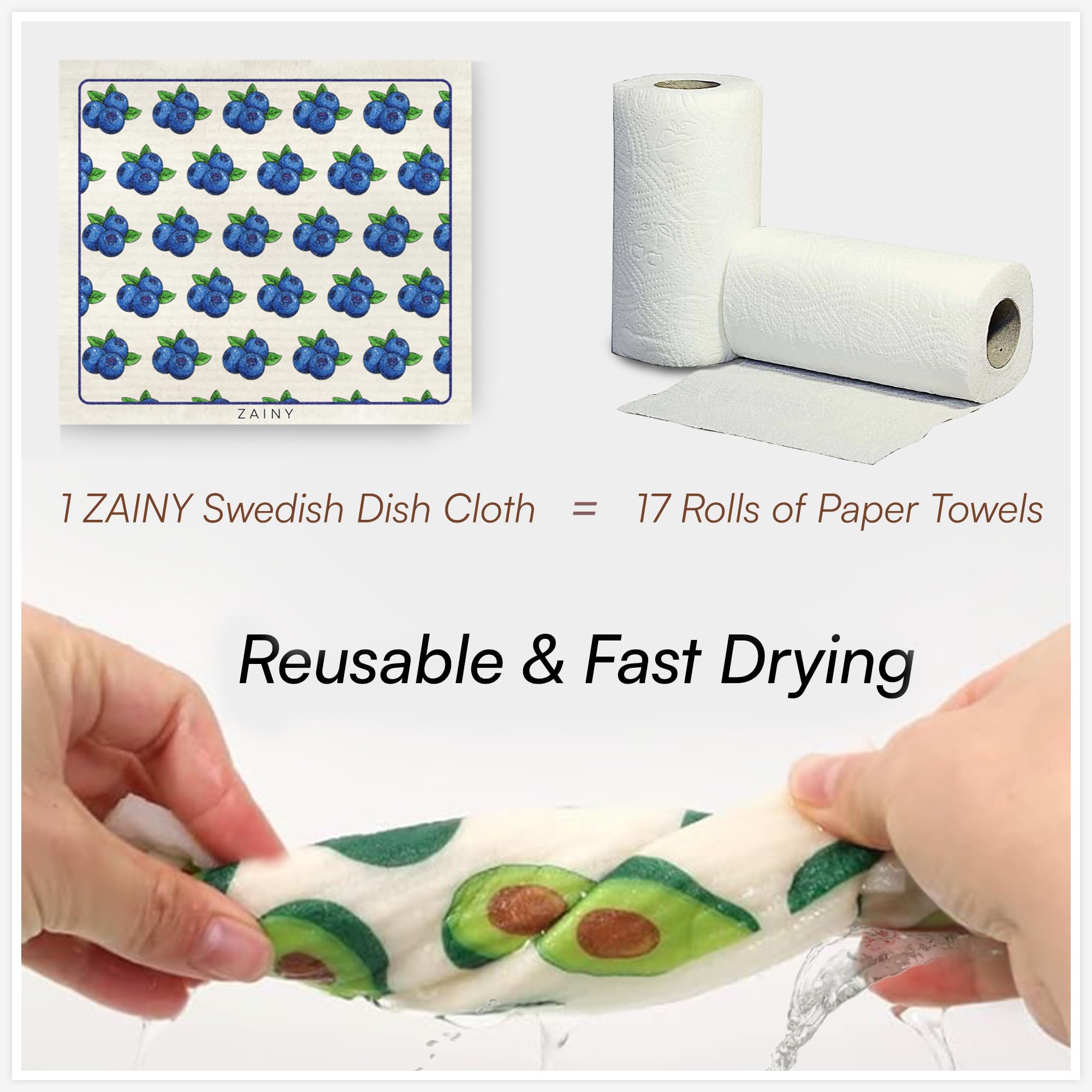 ZAINY Paquete de 10 paños suecos para cocina, reutilizables, ecológicos, de secado rápido y sin olor, toallas de papel lavables súper absorbentes para platos y superficies