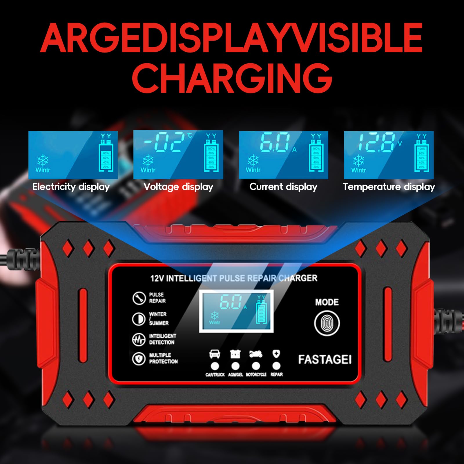 FASTAGEI 6-Amp Battery Charger, 12V 6A Lead Acid Portable Car Battery Charger 4-Stage Trickle Charger Smart Battery Maintainer w/Temp Compensation for Car Truck Lawn Mower Boat Marine