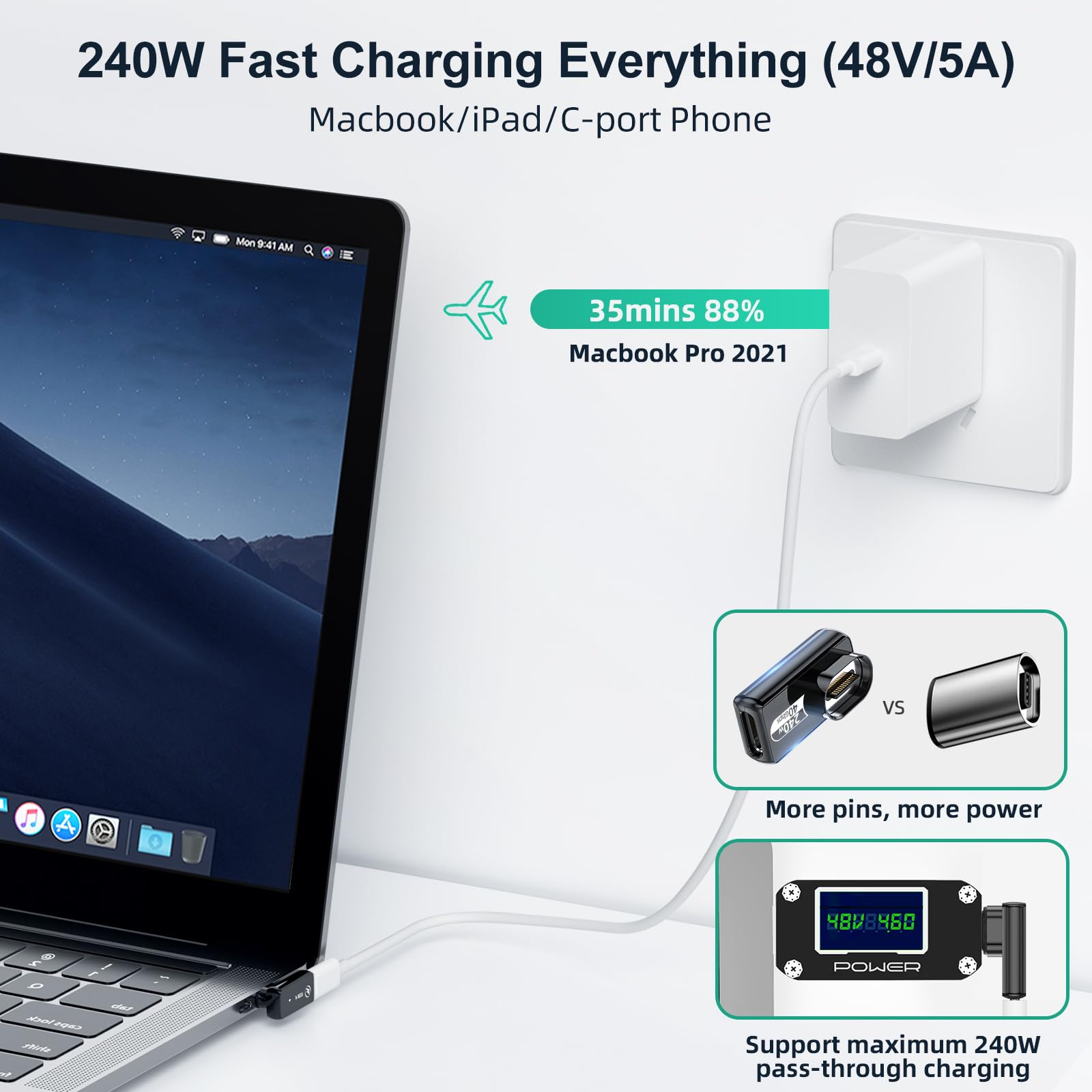 Adattatore magnetico USB C da 240 W, confezione da 2, adattatore magnetico USB C da 24 pin,supporto diretto per trasferimento dati a 40 Gbps, uscita video 8K 60 Hz per MacBook Thunderbolt 4, iPhone 15