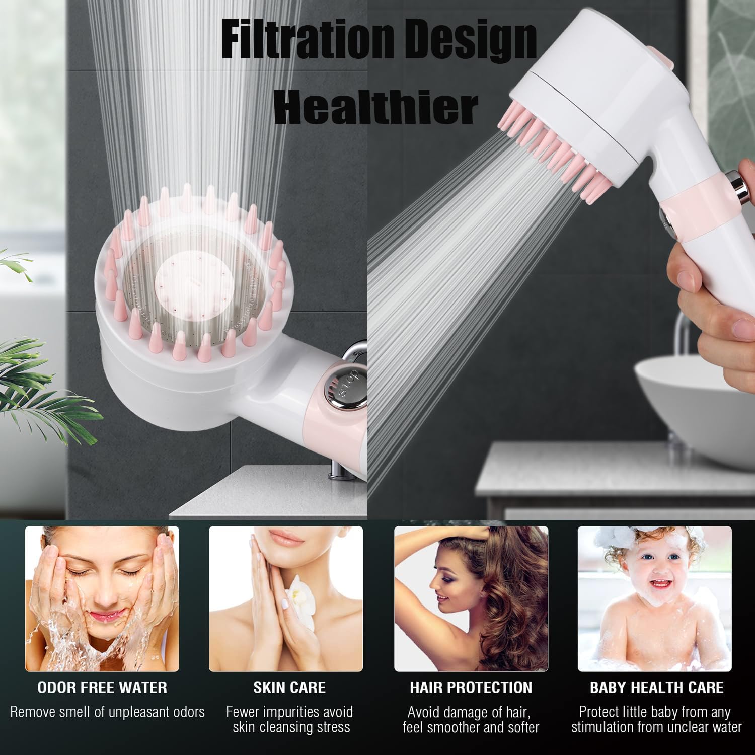 Soffione doccia con palmare, Soffioni doccia ad alta pressione, flusso elevato anche con bassa pressione dell'acqua - Set soffione doccia a mano a 3 modalità con tubo di ricambio/staffa/filtri in