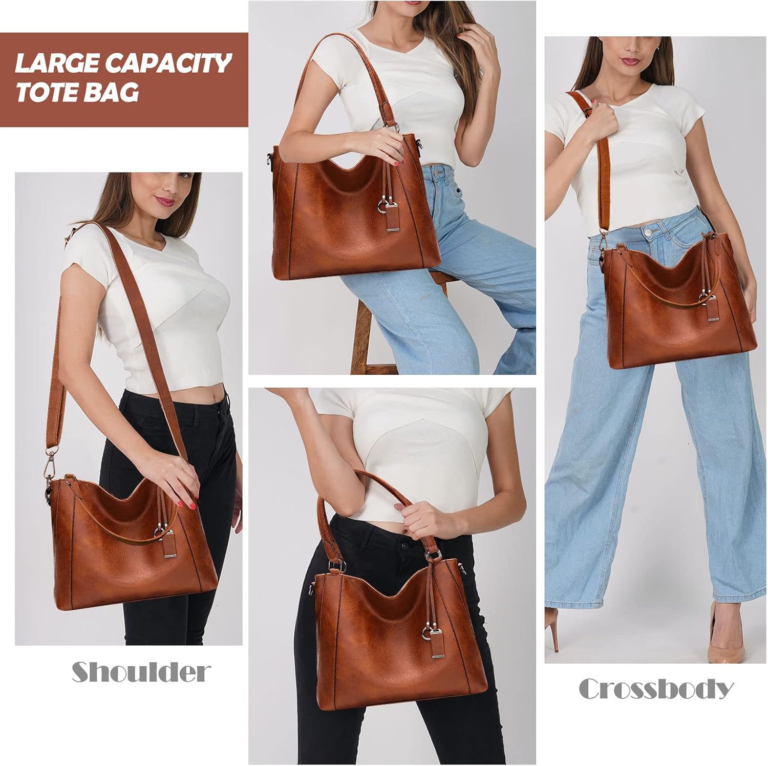 Long Keeper Vegan Leather Tote Handbags Women Large Capacity Hobo Shoulder Bag Crossbody Satchel Bags with Small Purse