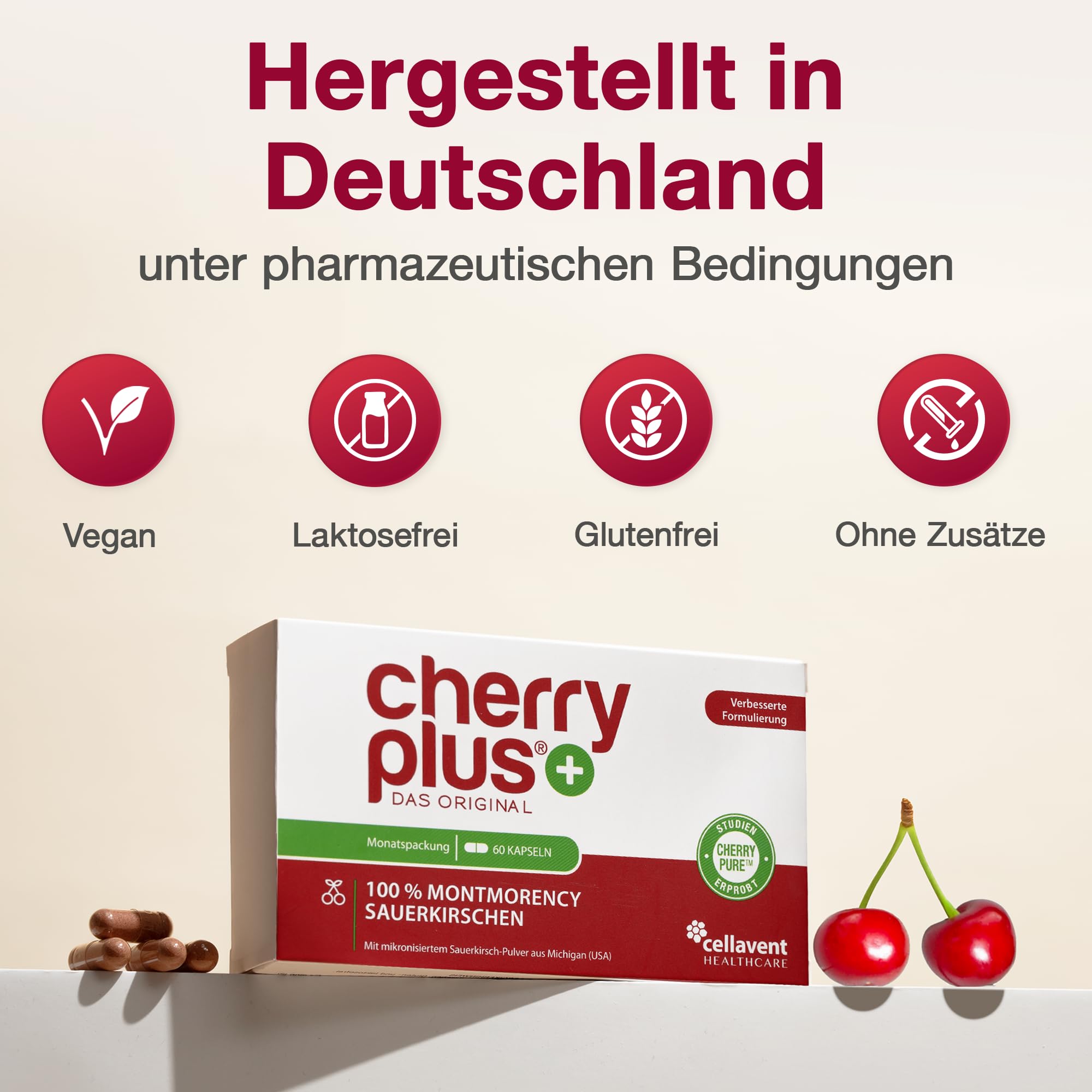 Original Montmorency Sauerkirschen Kapseln – 55.000 mg Sauerkirschen pro Tagesdosis (50:1 Sauerkirsch Extrakt) – 80 Kirschen/Tag – vegan, ohne Zusätze, deutsche Herstellung – Cherry PLUS