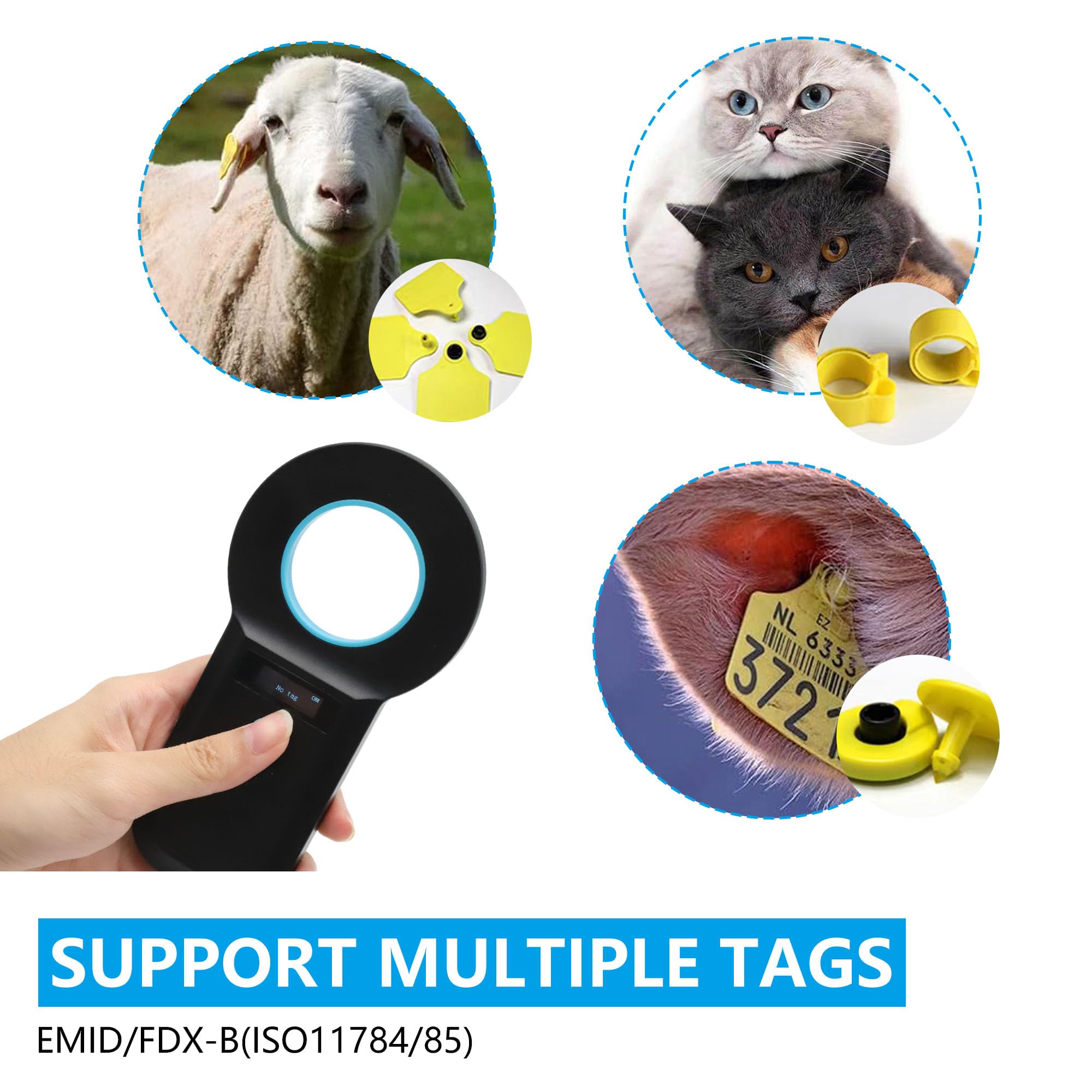 Gbformat Lettore Microchip Cani Bluetooth Lettore Microchip per Animali lettore di id per animali domestici EMID, FDX-B(ISO 11784/11785),Scanner Chip con Lettore RFID Portatile 128 Tag