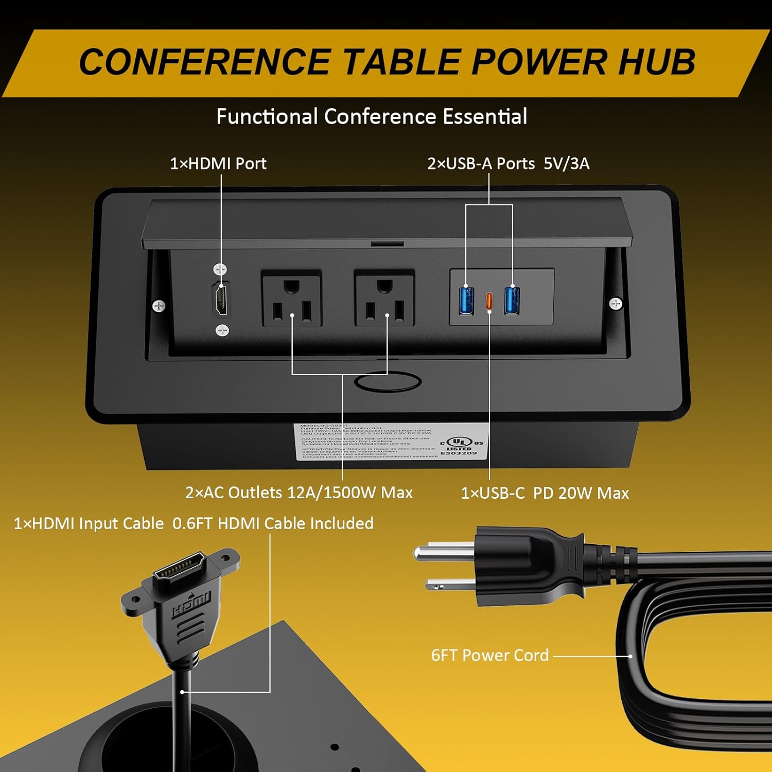 Recessed Power Strip, HDMI Pop Up Power Cover Box Desktop Socket with PD 20W USB C Charging Ports, Stainless Steel Receptacle Outlet for Conference Room Countertop (Black)