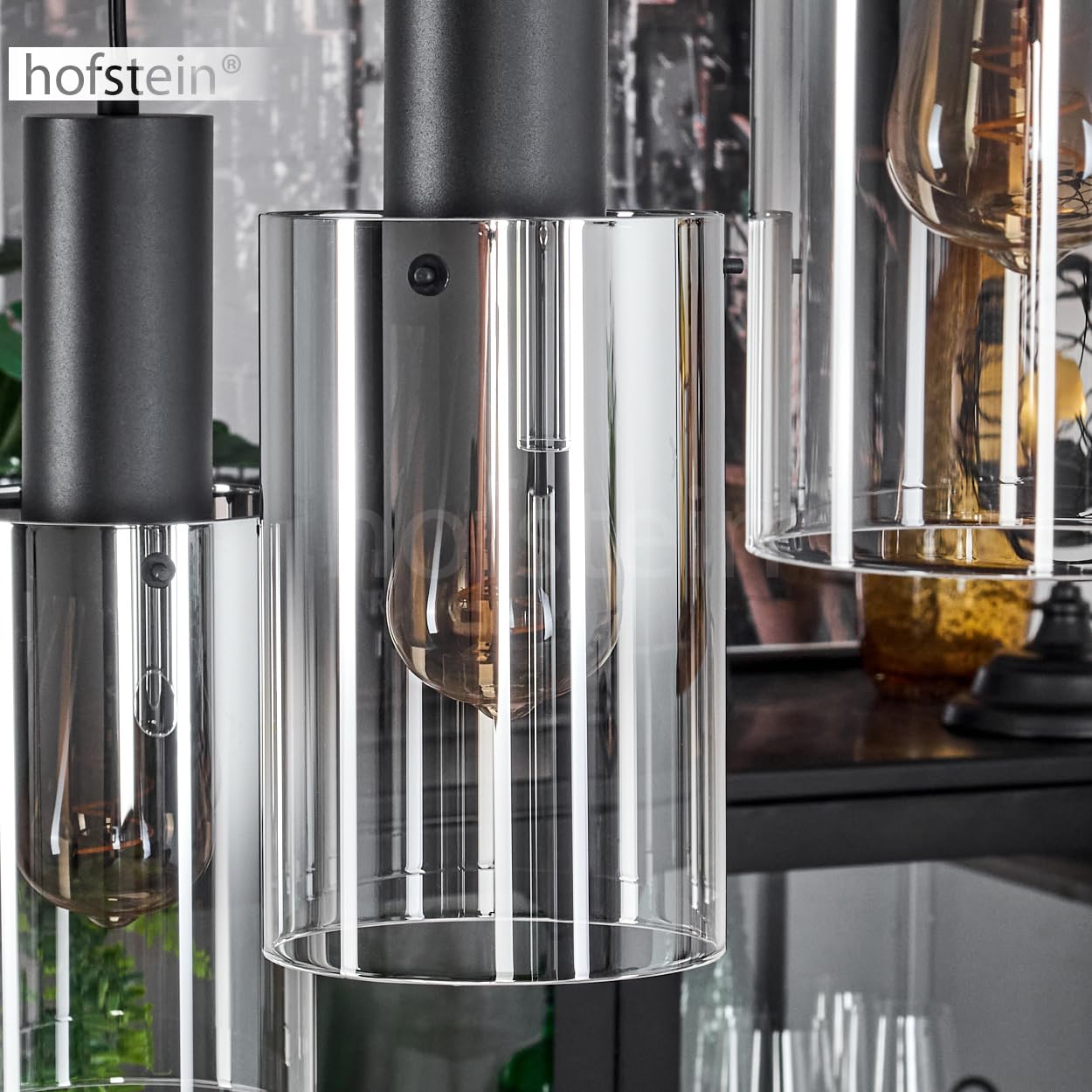Pendelleuchte Sambour, Hängelampe aus Metall/Glas in Schwarz/Rauchfarben/Klar, Hängeleuchte im Retro/Vintage-Design mit Glasschirmen (Ø 12,5cm), 4-flammig, Höhe max. 140 cm, 4 x E27, ohne Leuchtmittel