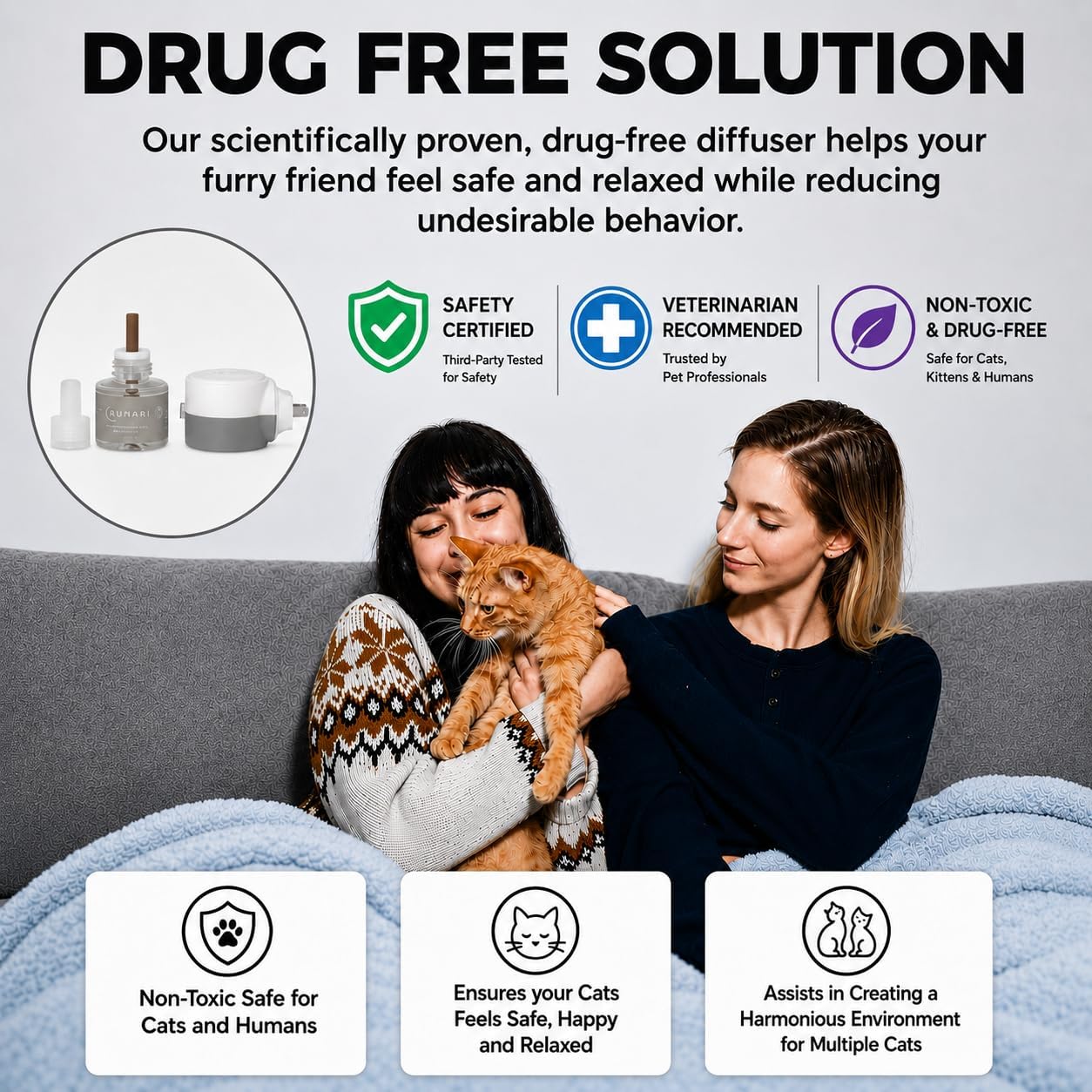 Feline Pheromone Calming Diffuser | Plug-in for Cat Stress, Anxiety, Fighting, Scratching, Over-Grooming, Meowing | Ideal for Multi-Cat Homes | 1 Diffuser + 3 Refills
