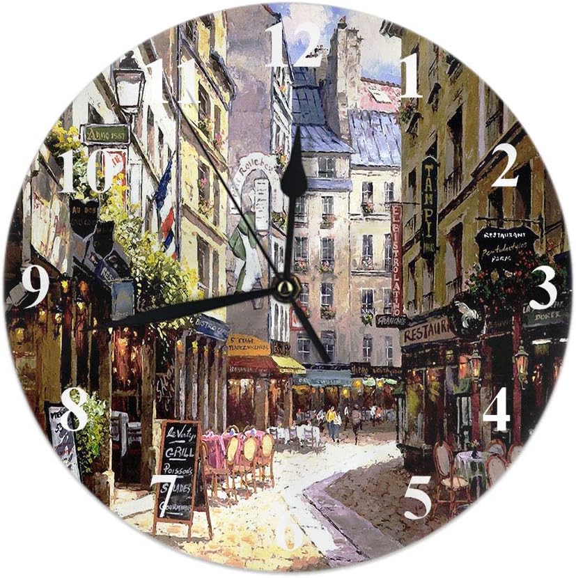 Horloge Paris Vintage Peinture France Rue Café Bâtiment Européen Boutiques Françaises Horloge Murale Ronde 10 Pouces Silencieux Non Coutil Horloge Suspendue pour Décoration Intérieure Salon Cuisine Ch