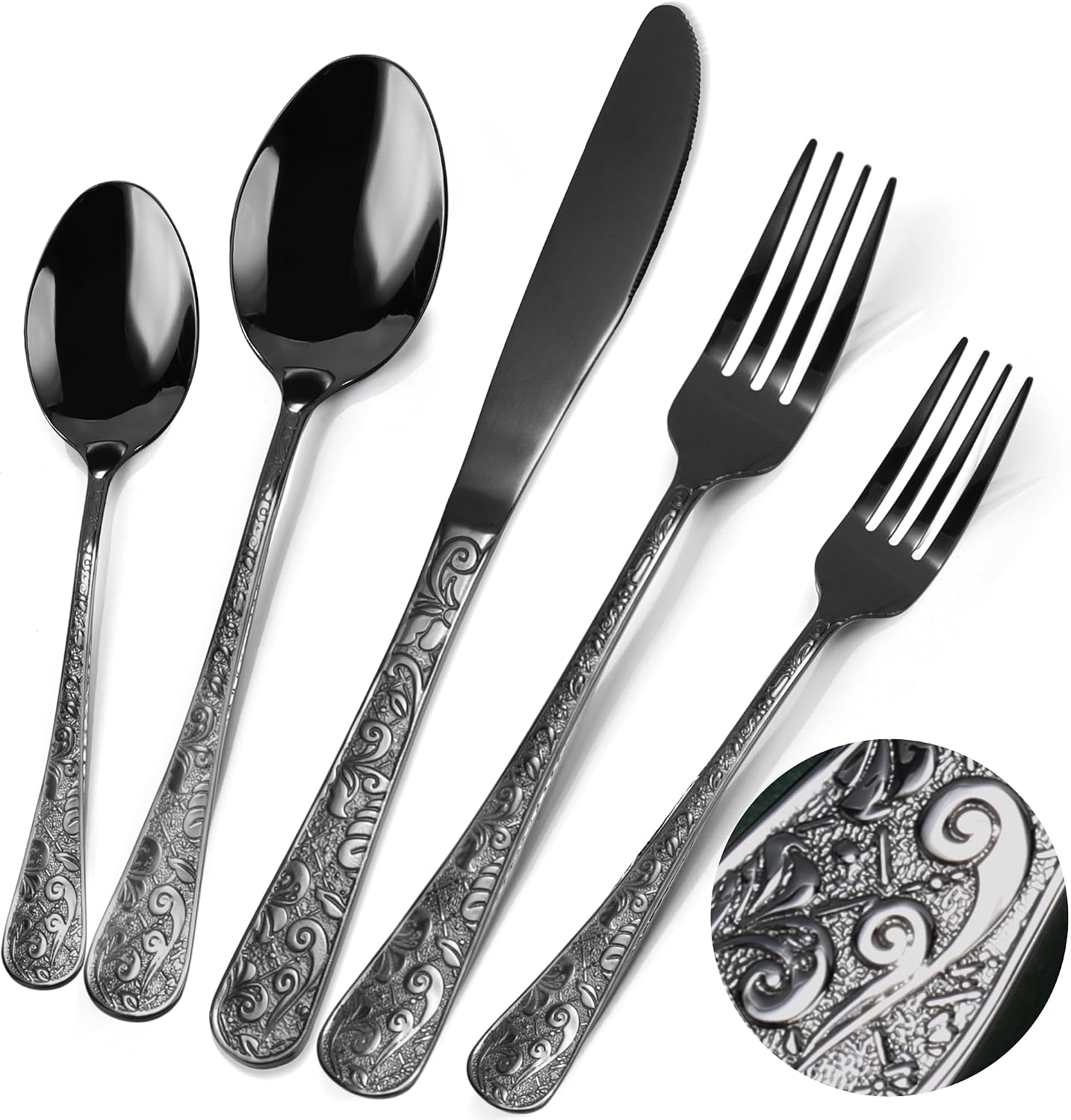 Meythway 60-Piece Vintage Carved Black Silverware Set for 12, Stainless Steel Flatware Set with Knife/Fork/Spoon, Cutlery Set for Home and Kitchen, Utensil Set with Dishwasher Safe