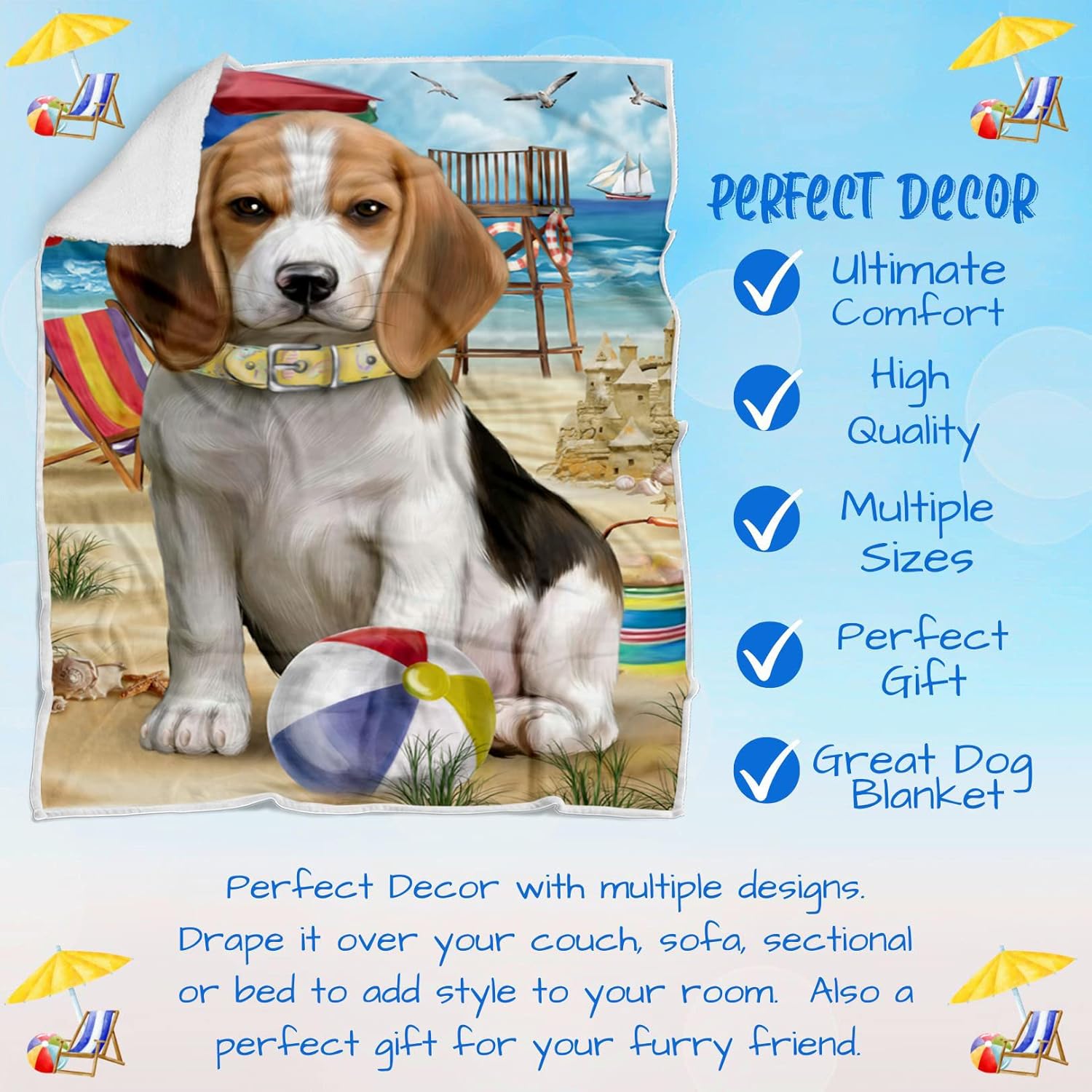 Pet Friendly Beach Beagle Dog Blanket - Lightweight Super Soft Cozy and Durable Bed Blanket - Animal Theme Fuzzy Blanket for Sofa Bed Couch BLNKT55461 (60x80 Fleece)