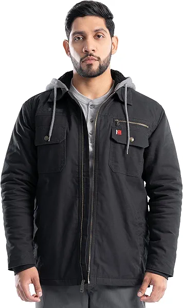 Wrangler Men's Quilted Lined Jacket with Sherpa Hood, Black, Large