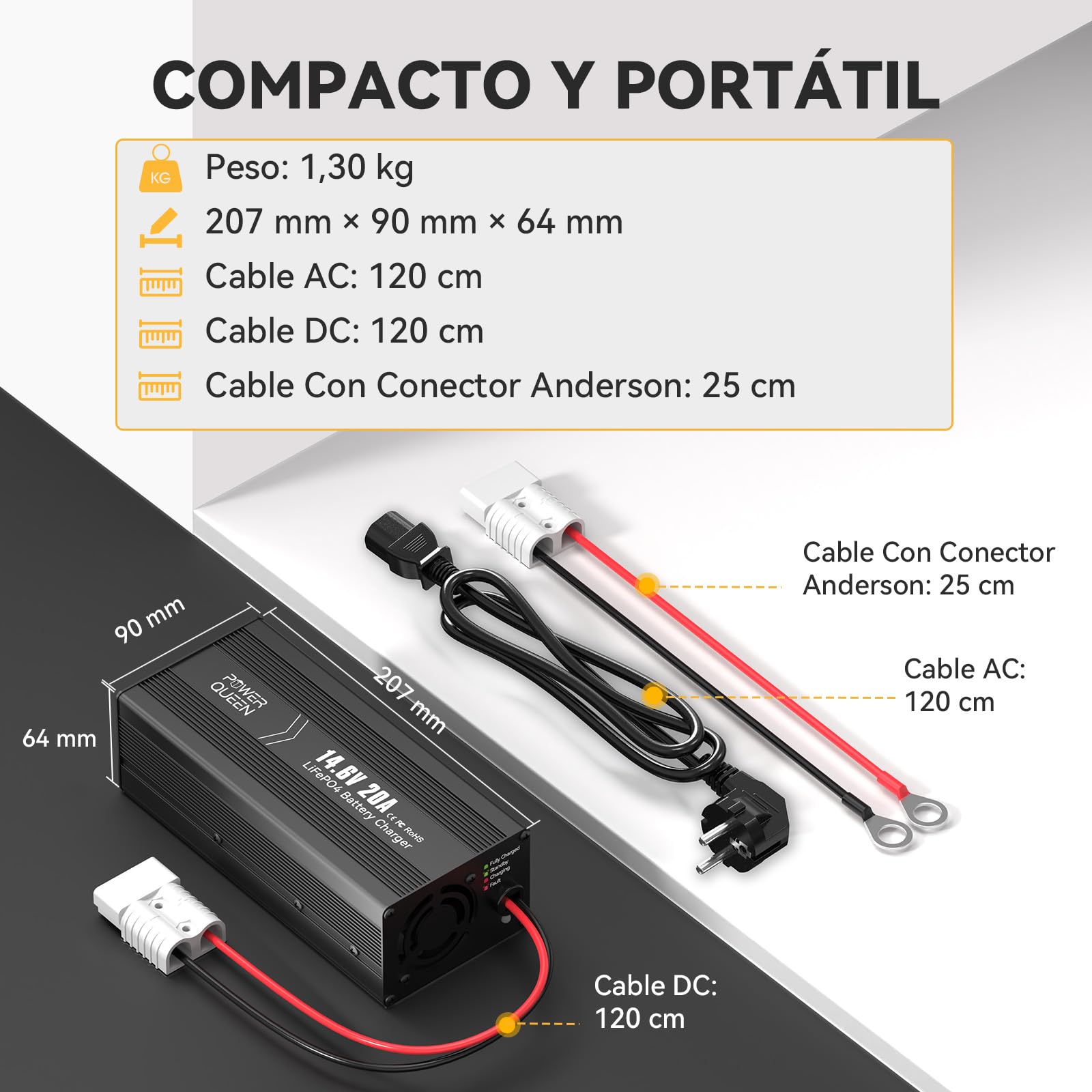 POWER QUEEN Cargador LiFePO4 14.6V 20A para Baterías de Litio | Carga Automática de 20A para LiFePO4 de 12V,con Conector Anderson de 50A e Indicador LED para Ver el Estado de Carga