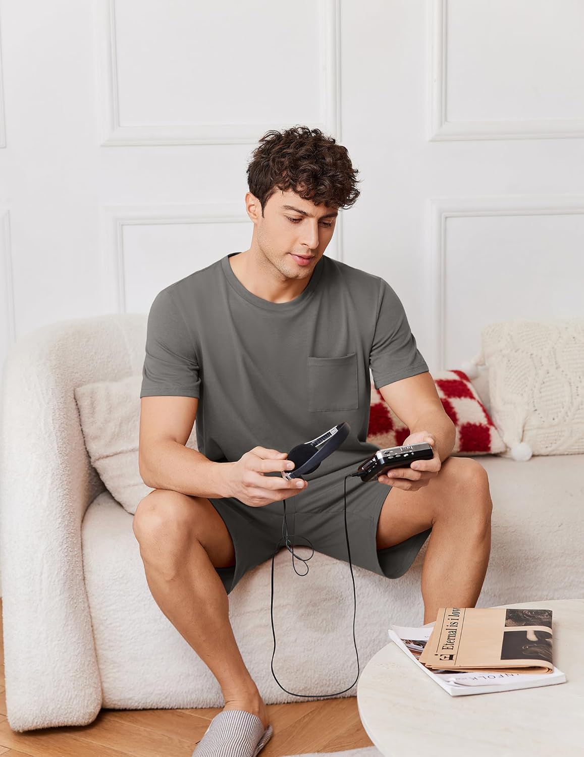 Ekouaer Mens Pajamas Set Cotton Short Sleeve Sleepwear 2 Piece Pj Sets for Men Soft Nightwear with Pockets S-XXL - Image 2