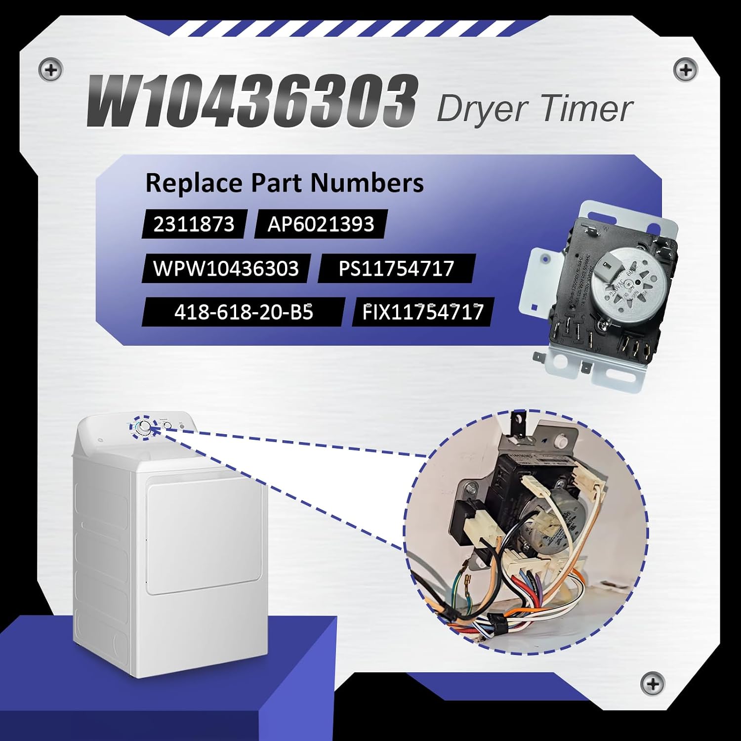 WPW10436303 W10436303 Dryer Timer Compatible with Whirlpool Maytag Kenmore Amana Inglis Dryer, Replacement Part 2311873 AP6021393 PS11754717 FIX11754717 418-618-20-B5