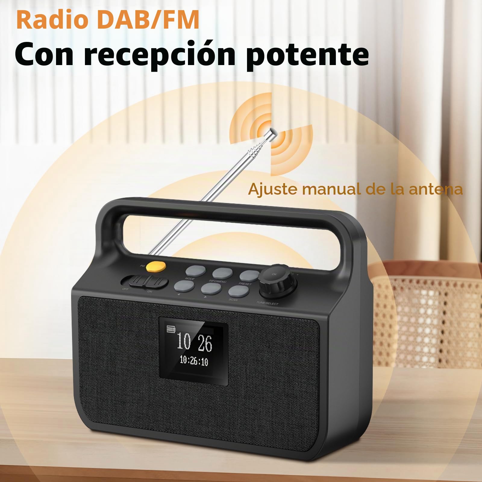 Radio Bluetooth 20000mAh con Función de Carga para Móviles, Dab/FM con Ranura para Tarjeta TF,Entrada AUX, Función de Alarma,Radio Portátil de Emergencia para Camping y Actividades al Aire Libre