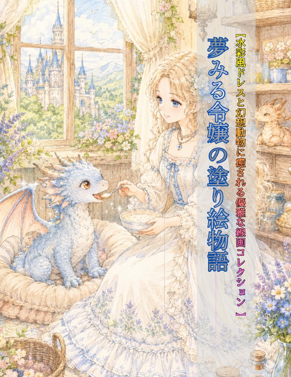 夢みる令嬢の塗り絵物語: 水彩風ドレスと幻想動物に癒される優雅な線画コレクション