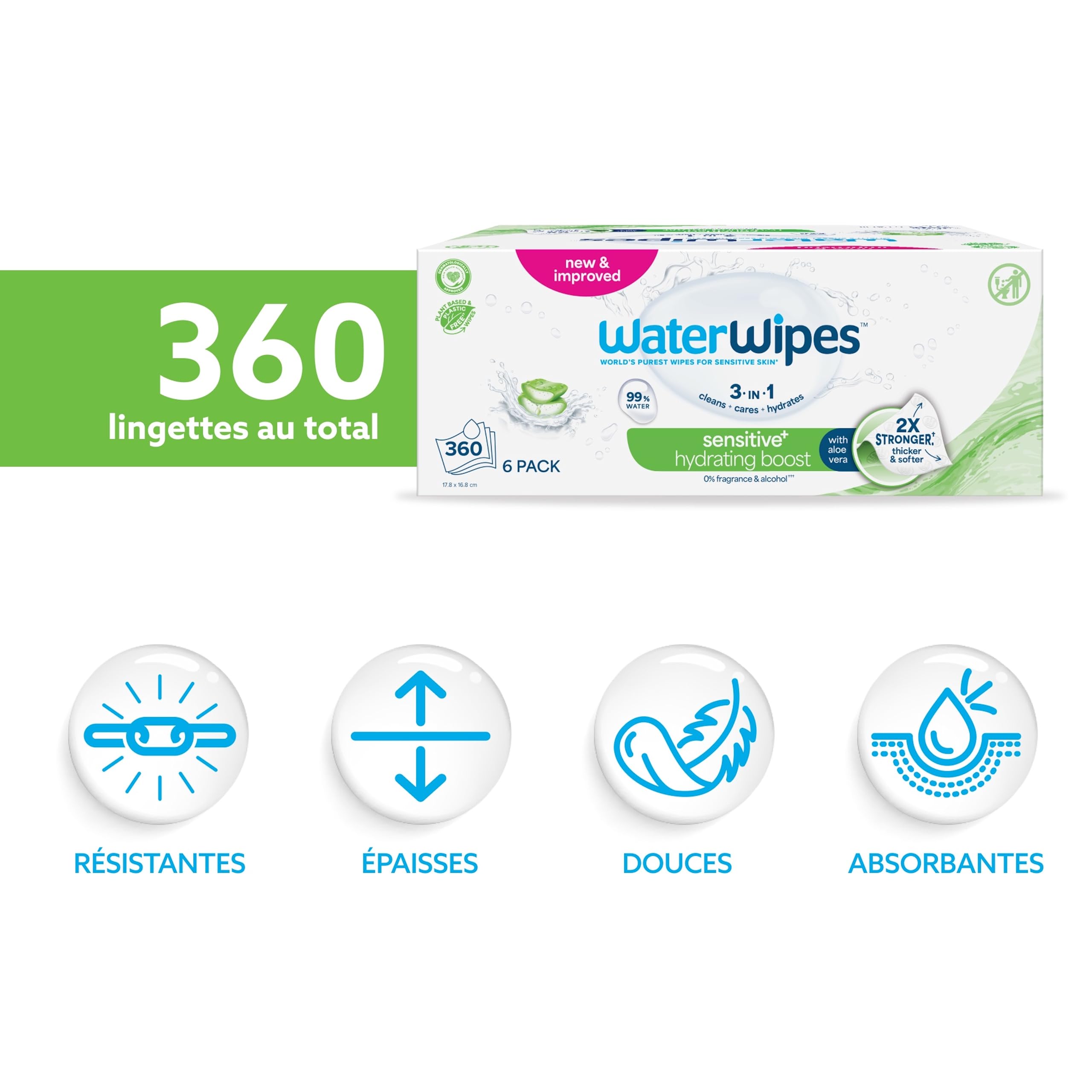 WaterWipes Sensitive+ Hydrating Boost Wipes, Lingettes Hydratantes, 360 unités (1 paquets), 3-en-1 nettoie, soigne, hydrate, 99% d'eau avec aloe vera, non parfumées