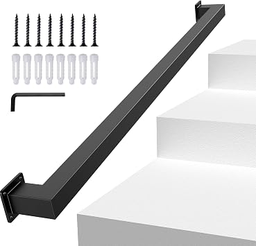 3FT Square Tube Handrail for Indoor Stair,Matte Black Industrial Metal Stair Rail,500LBS Load Capcity Wall Mount Stair Hand Rail for Child,Seniors,Pregnant,Non-Slip Outdoor Iron Stair Rail,1 Section