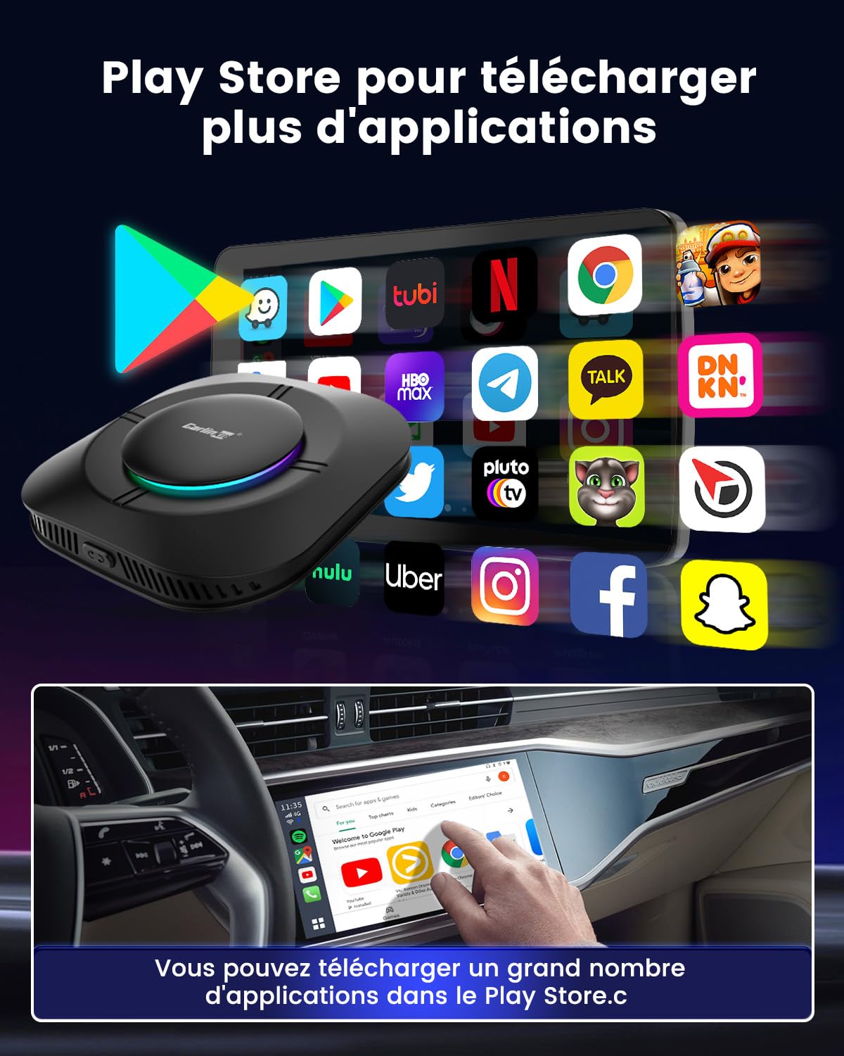 CarlinKit Aibox-Plus Android 13.0 Adaptateur 8 + 128 Go autonome sans fil CarPlay et Android Auto Boîte multimédia 3 en 1 pour voiture avec câble CarPlay