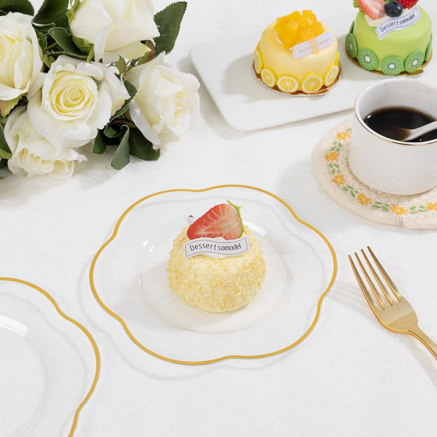 Liacere 100PCS Clear Plastic Plates-7inch Disposable Floral Clear and Gold Appetizer Cake Small Plates - Perfect for Wedding & Party & Holiday & Floral & Baby Show