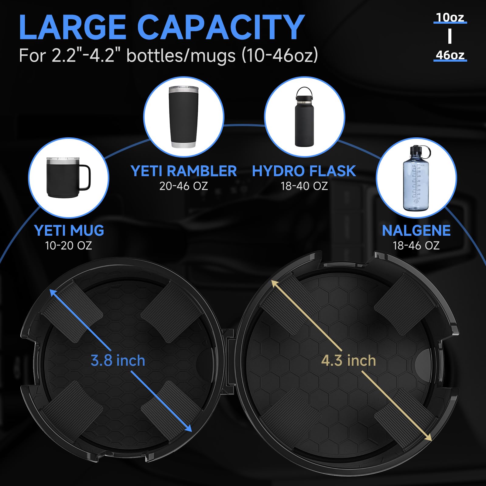 DYLEN Car Cup Holder Expander, 2 in 1 Cup Holder Adapter Extender for Car with Expandable Insert, Fits Yeti, Hydroflask and Other Large Water Bottles & Mugs in 2.2"-4.6" (10-46oz)