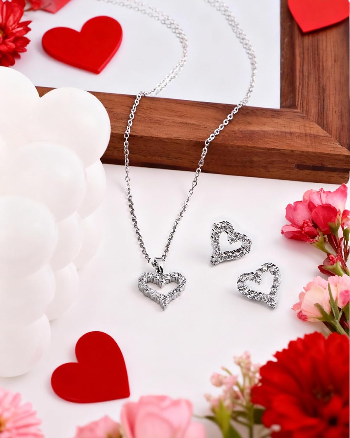 Silver Heart Jewelry Set for Women - Matching Heart Necklace and Earrings Set with Zircon Accents, Love Jewelry Sets for Christmas, Anniversary, Valentine's Day Gifts - Image 5
