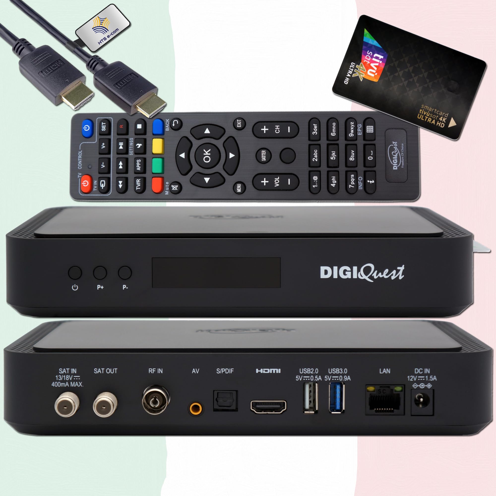 DigiQuest Q99 4K UHD TiVuSat Receiver inkl. Karte – Italienisches Fernsehen über Satellit (RAI, Mediaset, LA7), DVB-S2/T2 Combo, HEVC H.265, HDR, PVR Ready, LAN, USB, HDMI-Kabel