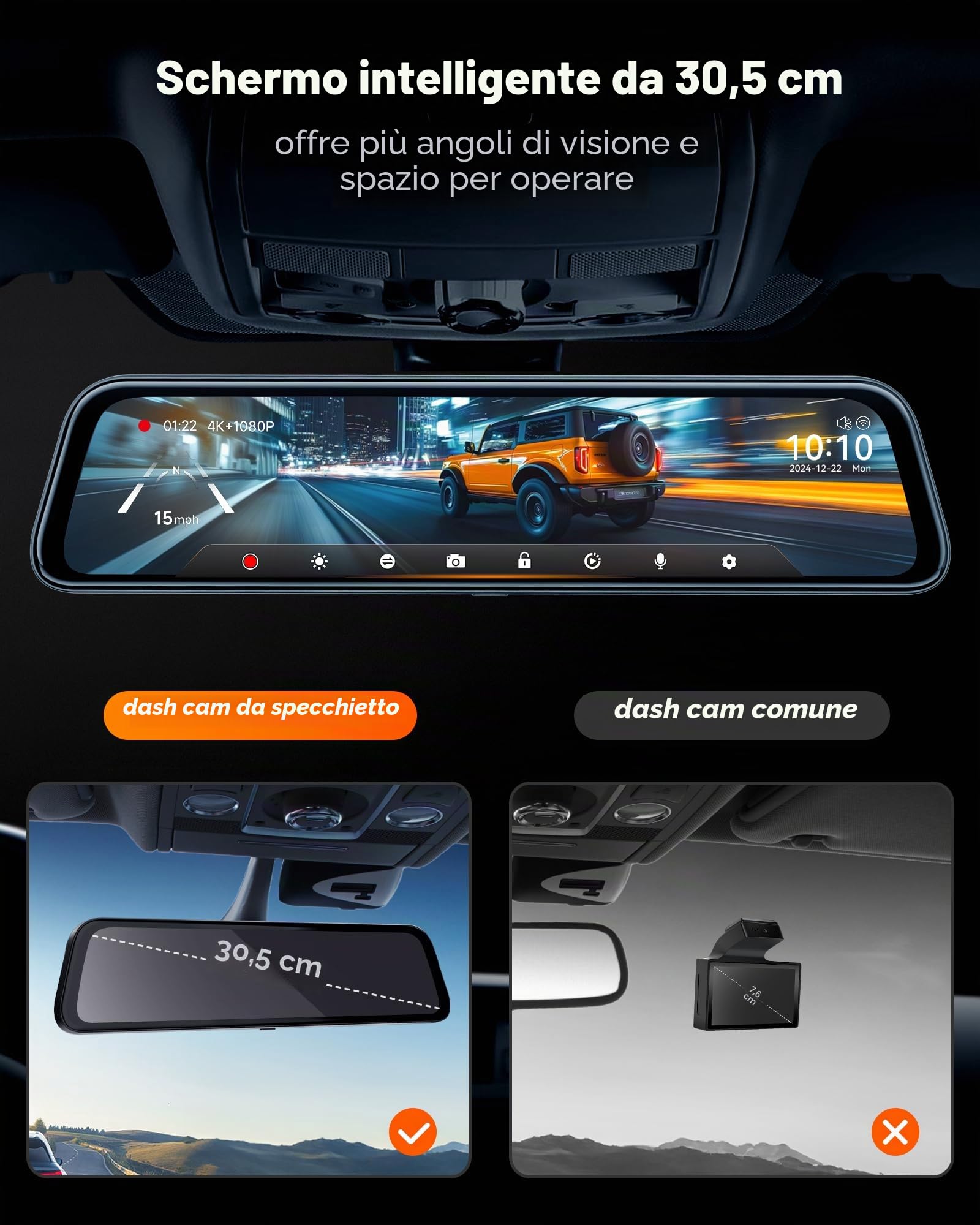WOLFBOX 12" G840S 4K Dash Cam Specchietto con 5.8GHz WiFi, Dashcam Retrovisore Telecamera per Auto con Anteriore 170° e Posteriore 140°, Parcheggio Assistito, Sensore G(Con Scheda da 32 GB & GPS)