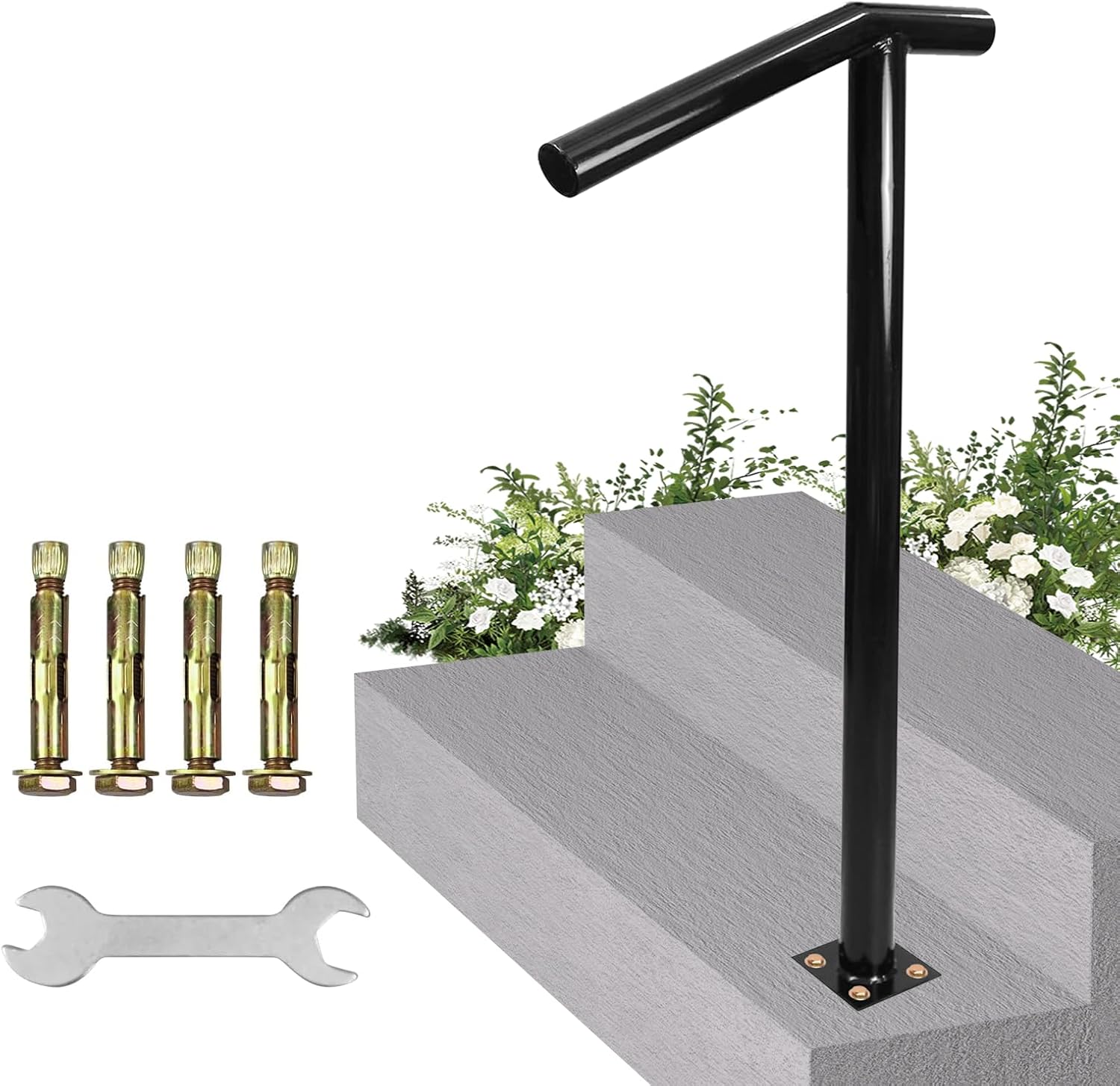 Single Post Handrail, 1-2 Step Handrails-Outdoor Stair Rail-Single Post Wrought Iron Handrail with DIY Tool Kit, 38" H Black Hand Rail Powder Coating for Concrete Steps or Wood Stairs 1-2 Steps