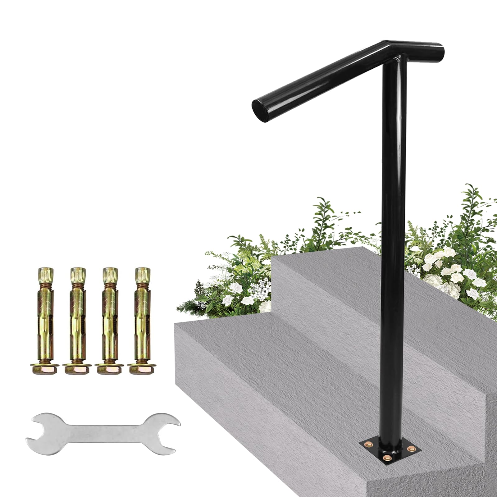 single post handrail, 1-2 step handrails-outdoor stair rail-single post wrought iron handrail with diy tool kit, 38" h black hand rail powder coating for concrete steps or wood stairs