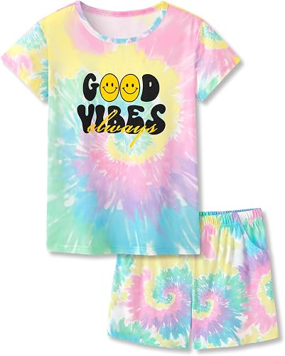Tebbis Girls Pajama Set Tie Dye Cute Prints Tee & Shorts Sizes 6-18,