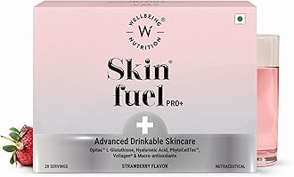 Wellbeing Nutrition Skin Fuel Pro+ | Glutathione, VIT C & E, Vollagen® & PhytoCellTec™ | Reduces Pigmentation & Dark Spots | Skin Whitening | Anti-Aging | Strawberry Flavour, 28 Servings