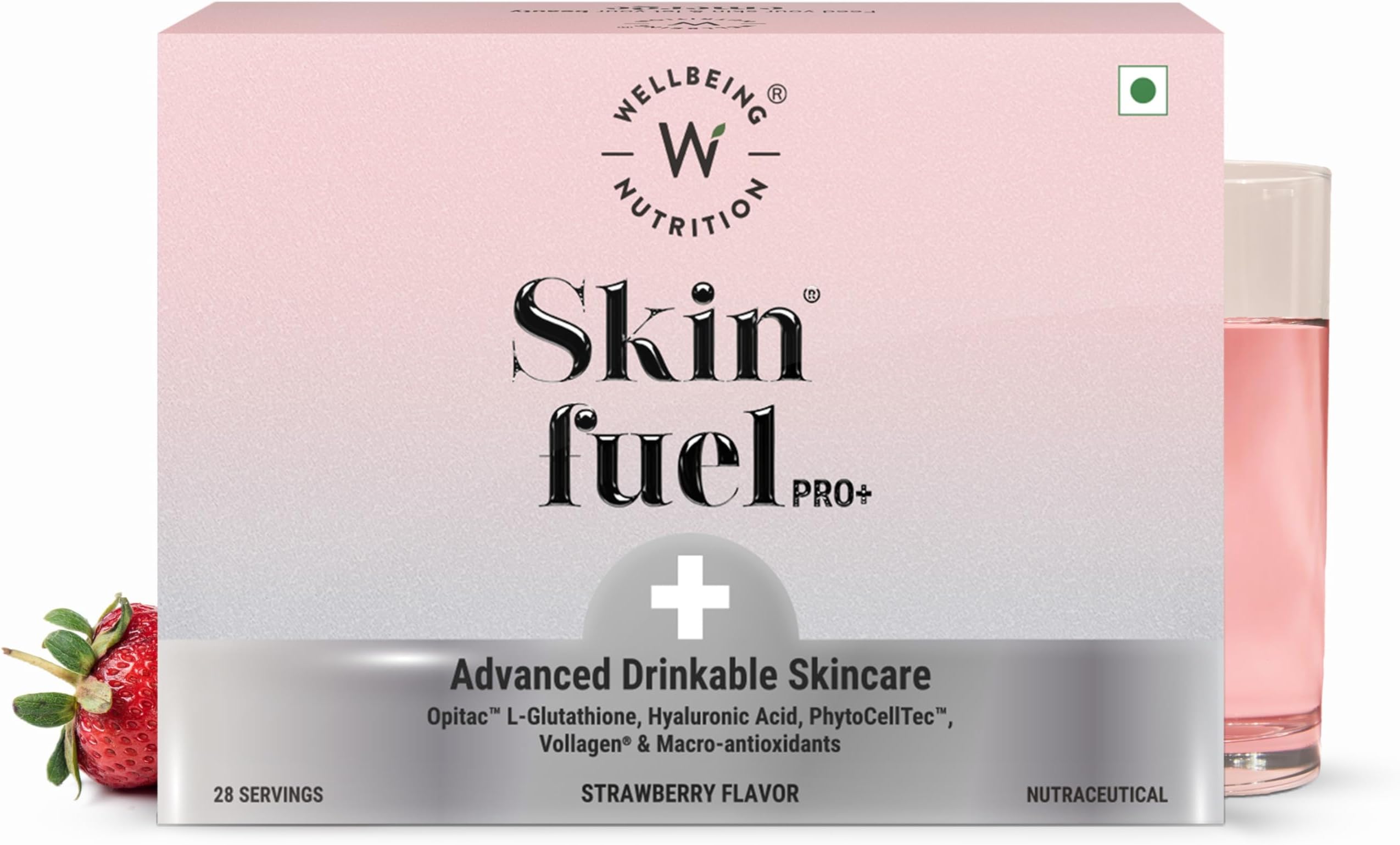 Wellbeing Nutrition Skin Fuel Pro+ | Glutathione, Vit C & E, Vollagen® & PhytoCellTec™ | Reduces Pigmentation & Dark Spots | Skin Whitening | Anti-aging | Strawberry Flavour, 28 Servings