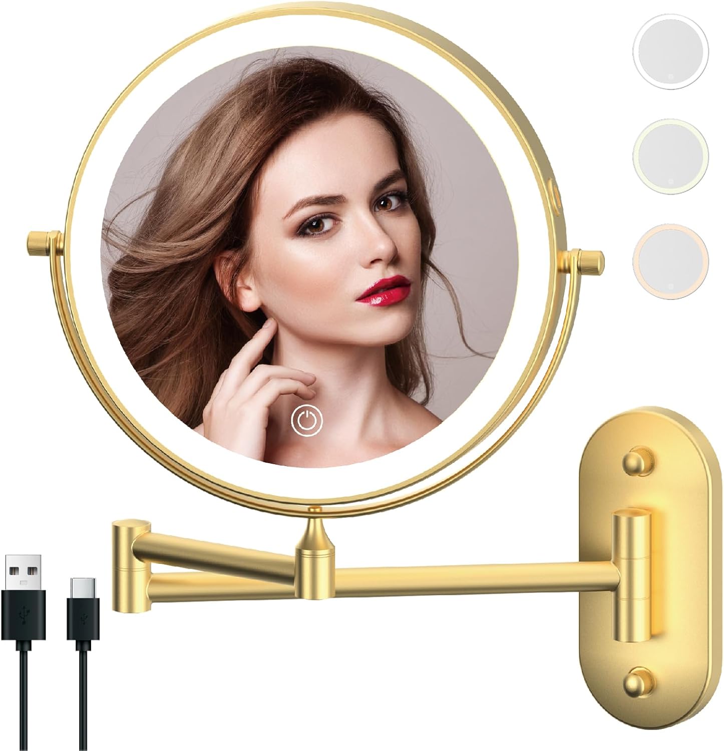 Rechargeable Wall Mounted Lighted Makeup Vanity Mirror 9 Inch Double Sided 1X 10X Magnifying Bathroom Mirror, 3 Color Lighting, Touch Screen Dimming, 360 Rotation Shaving Mirror Gold Gold 13.2"L x 12.1"W