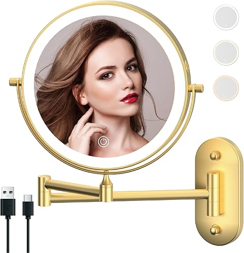 Miniatura 10 de Rechargeable Wall Mounted Lighted Makeup Vanity Mirror 8 Inch Double Sided 1X 10X Magnifying Bathroom Mirror, 3 Color Lighting, Touch Screen