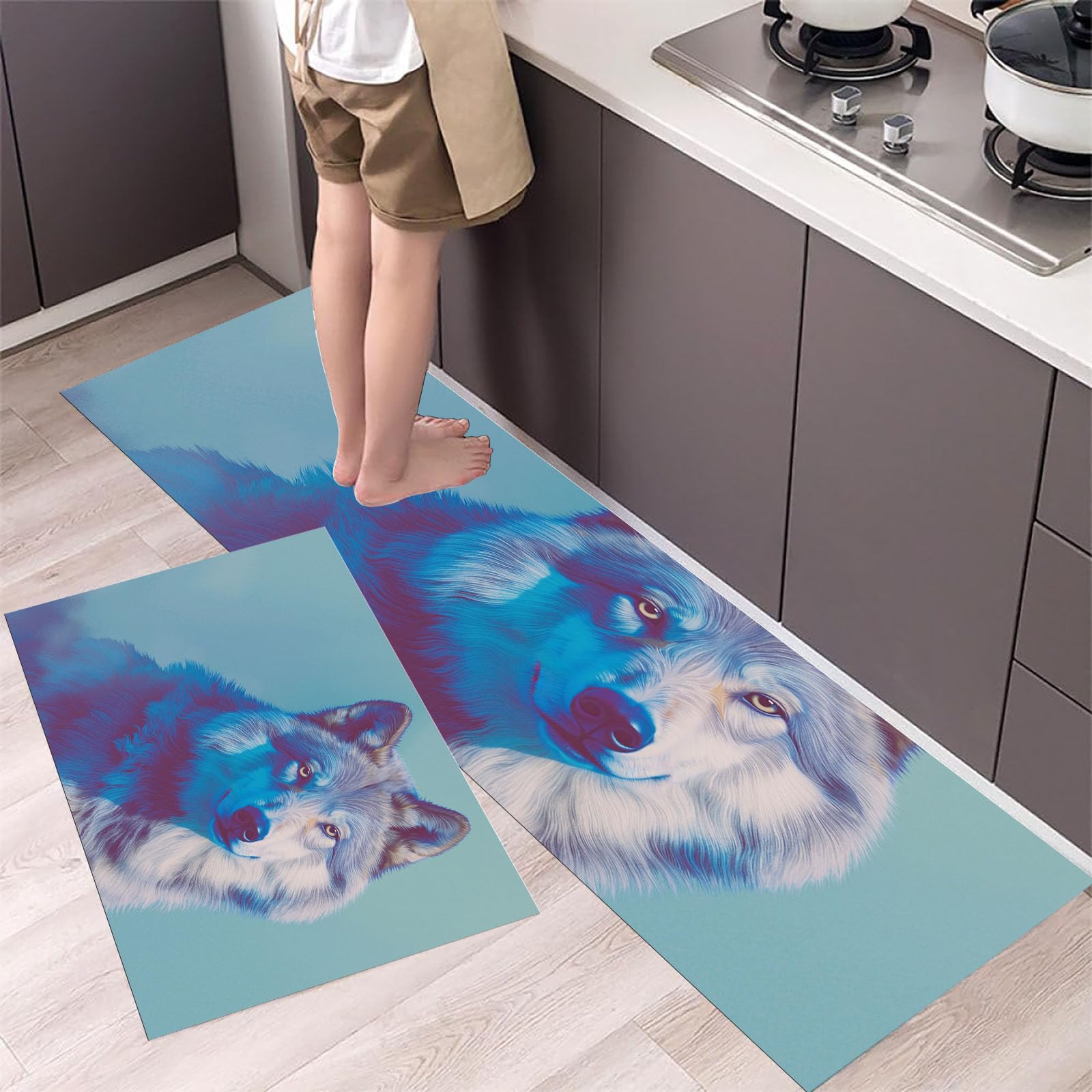Alfombra de cocina duradera y lavable, juego de tapetes de lobo con acabado antideslizante