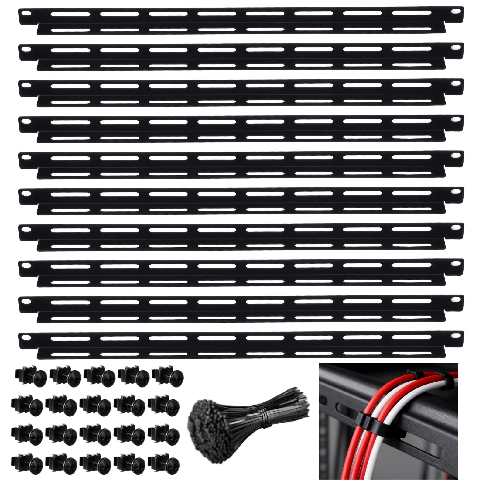 10 Stück 48,3 cm Rack-Kabel-Management-Set, inklusive 0,5 U L-förmigen Spurstangen, 20 Schrankschrauben, 100 Kabelbinder, stabiles Metall mit schwarzer Beschichtung, Multi-Loch-Design für flexible