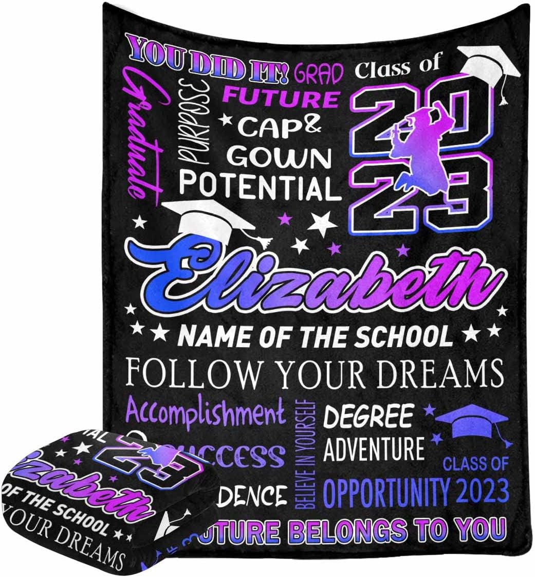 Customize Blanket Graduate Senior 2023 Class of 2023 Follow Your Dreams Purple Gradient Blanket Personalized Throw Super Soft Summer Blankets for Girl Boy Kids for Graduations Gifts 40x50