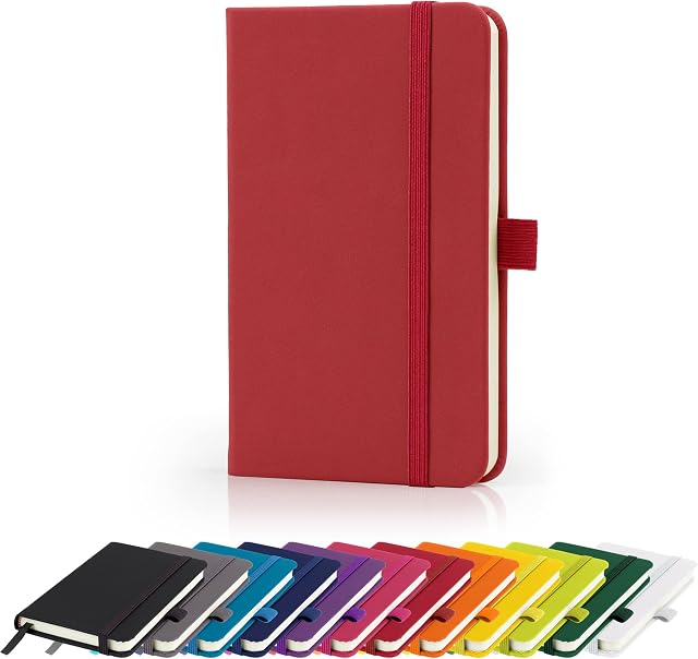 Premium A6 Notebook New Lined Pocket Hardback Small Journal with Pen Loop, Elastic Closure and Ribbon Marker 196 Pages / 98 Sheets Notepad Note Book Notes Pad (Red)
