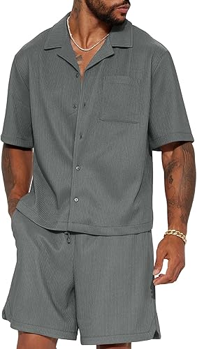 JMIERR Conjunto corto de pana para hombre, 2 piezas, casual de verano, con botones, manga corta, camisa y pantalones cortos de playa
