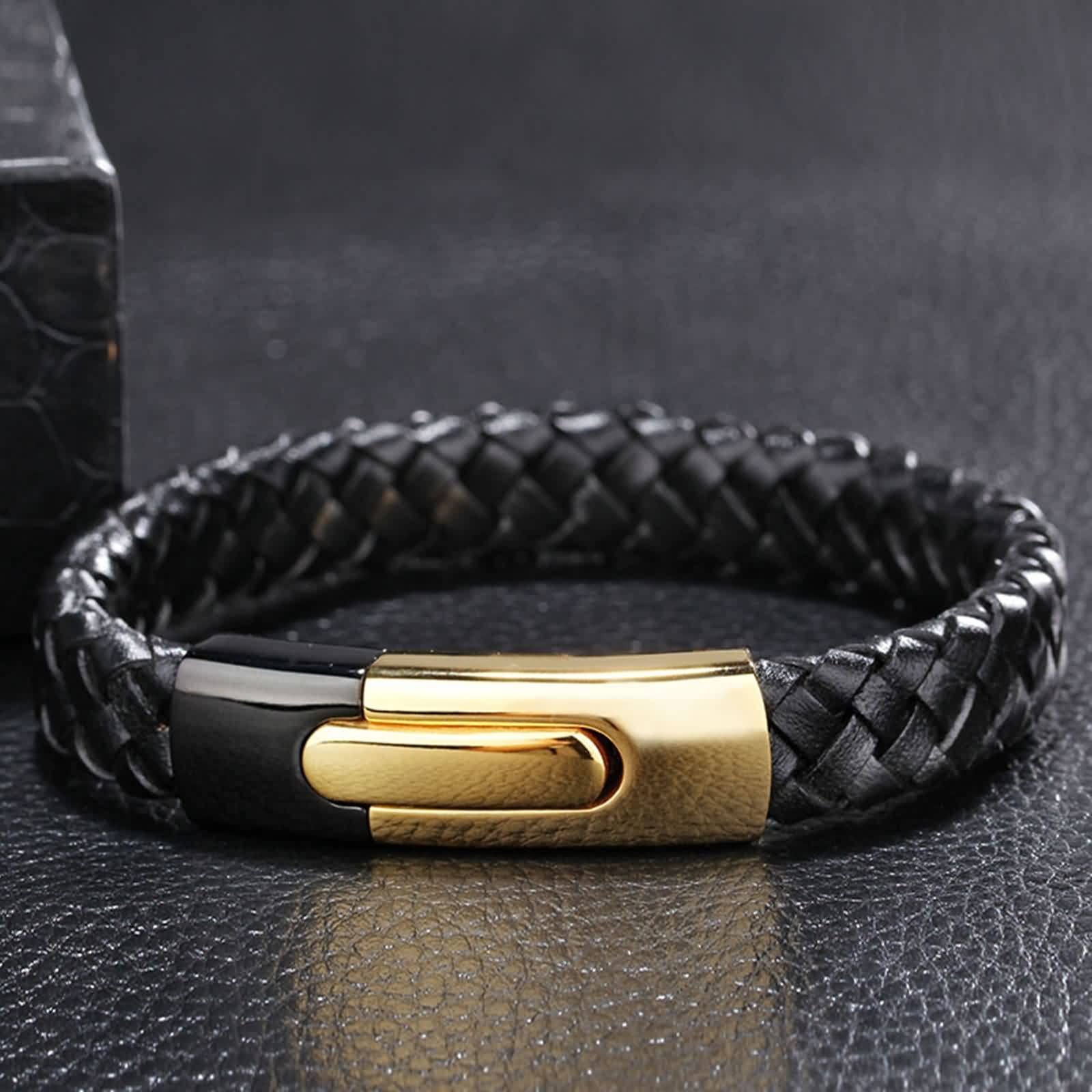 Pulsera de acero inoxidable, pulsera de cuero para hombre, hebilla magnética, tejido para mujer