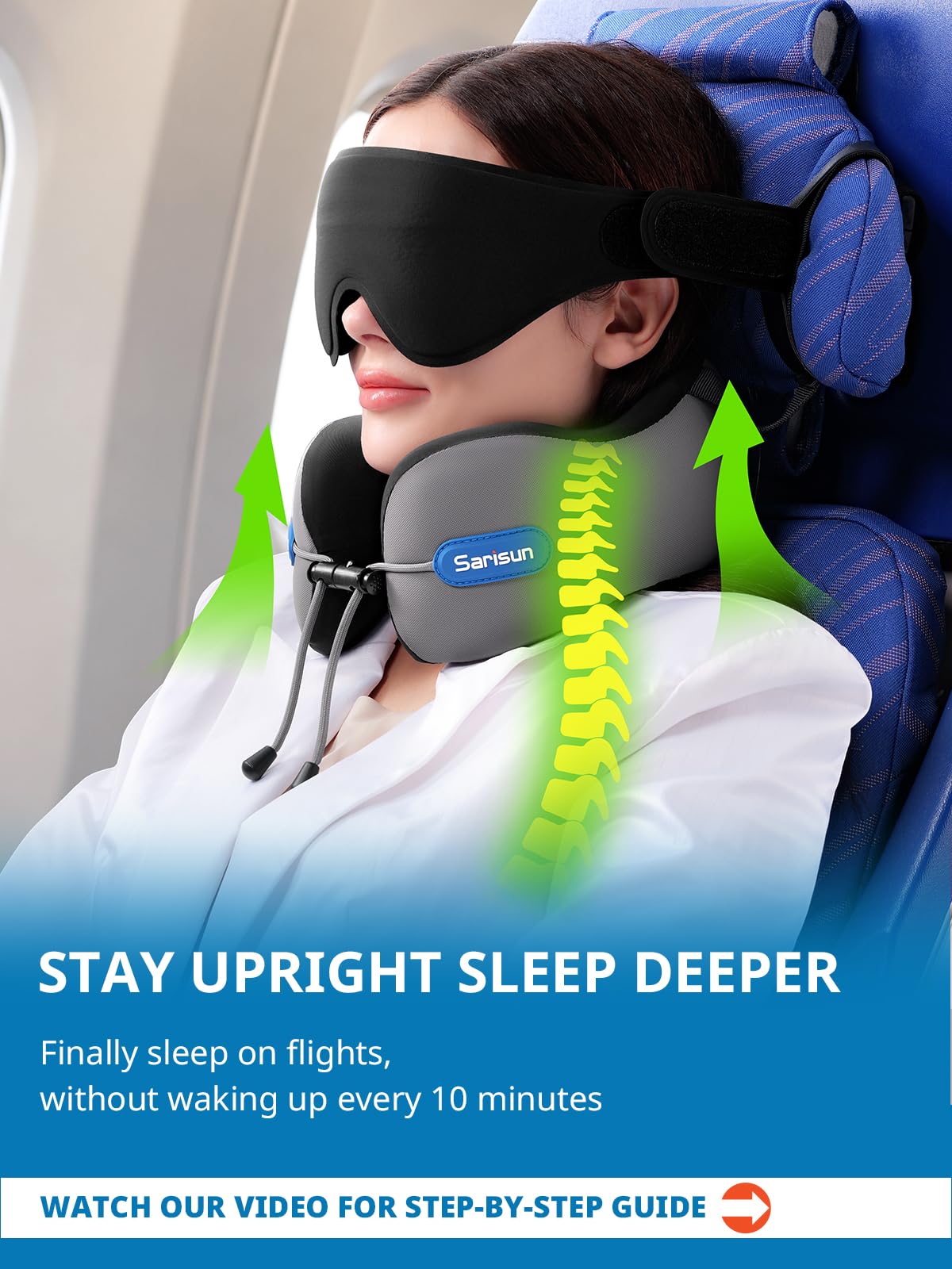 SARISUN Almohada de Viaje para Cuello, Cojin de Viaje Cuellos para Avión y Coche, Neck Travel Pillow, Viajes Accesorios Incluye Almohada Viaje Cuello Antifaz 3D para Dormir, Espuma Memoria Gris