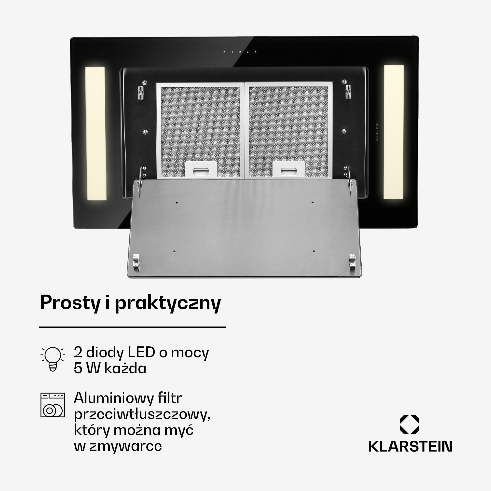 Klarstein Okap kuchenny, Cichy okap, podszafkowy, z filtrem, do zabudowy, 90cm, 230W, 609 m³/h, wyciągowy/z recyrkulacją Czarny