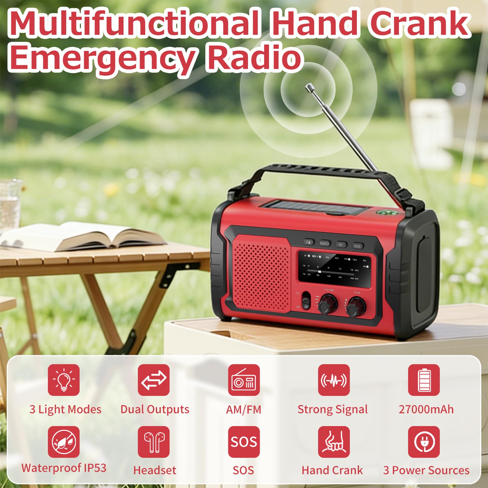 Kurbelradio 27000mAh Notfallradio mit Solar & Handkurbel, AM/FM Emergency Radio mit SOS Alarm, Bluetooth Lautsprecher & Powerbank, Taschenlampe für Camping,Outdoor(Rot 27000mAh)